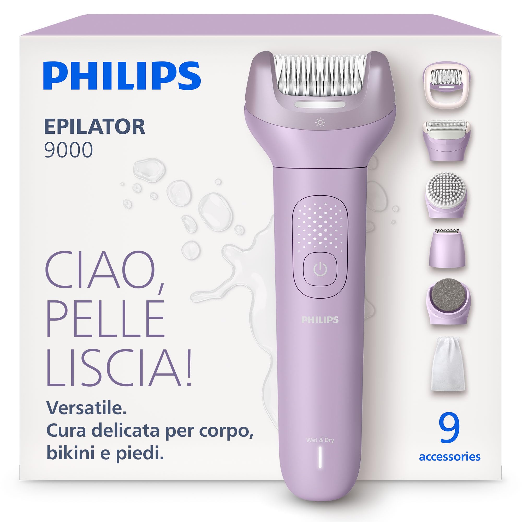 Philips Epilatore Serie 9000 - Epilatore elettrico Wet & Dry senza fili, per gambe, corpo e zona bikini, con ProGuide, 9 accessori, tra cui testina pedicure, autonomia di 60 minuti, modello BRE728/00