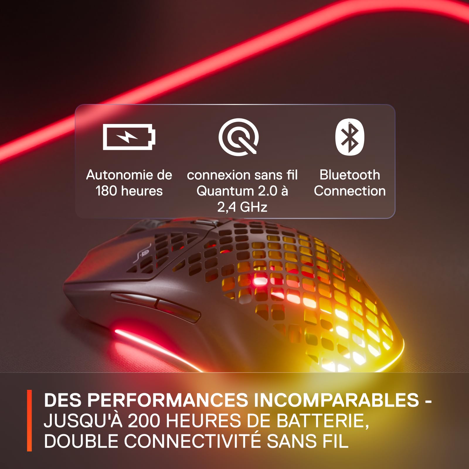 SteelSeries Aerox 3 Wireless - Souris gaming RGB trouée - Design étanche ultra-léger - Capteur optique 18K DPI TrueMove Air - Onyx