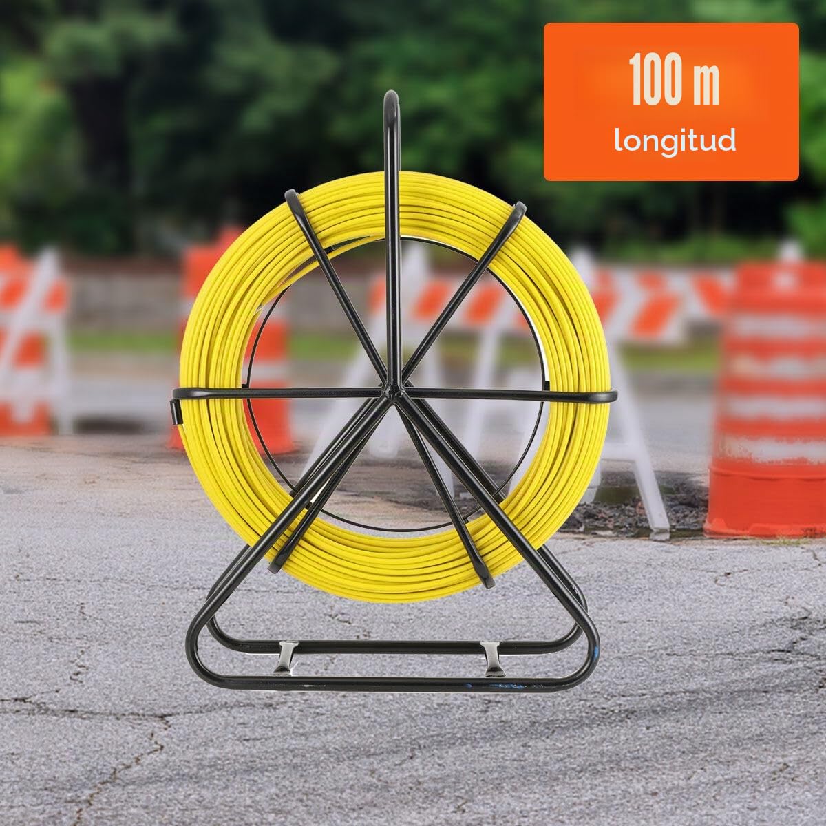 Fiberglas Kabel Rad 6mm x 100m Glasfaserstab, Rodder Fischband Drahttzieher Elektrokabel Kabeleinfädler mit Stahlrahmen