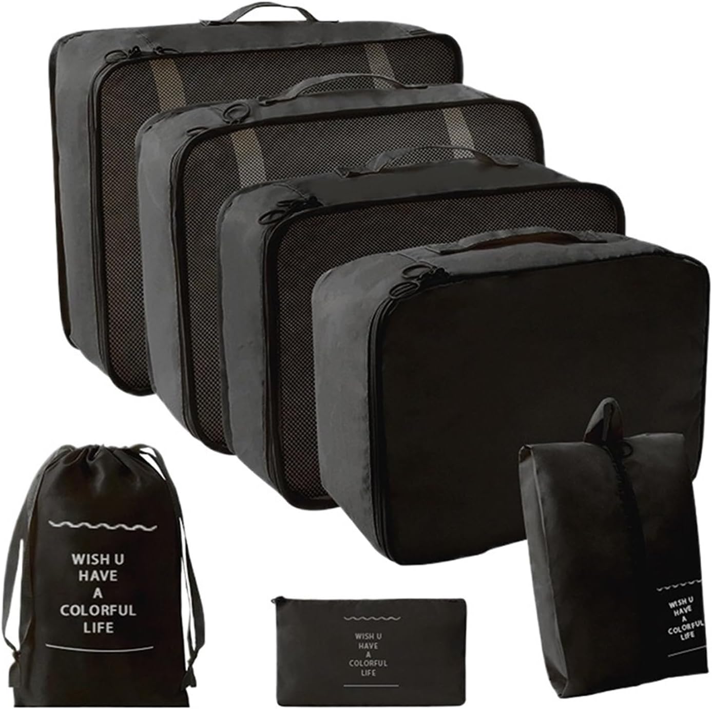 7Pcs/Set Folding Travel Storage Bags Digital Toiletries Shoes Clothes Organizer Suitcase Tidy Pouch Packing Cubes Set(Black)
