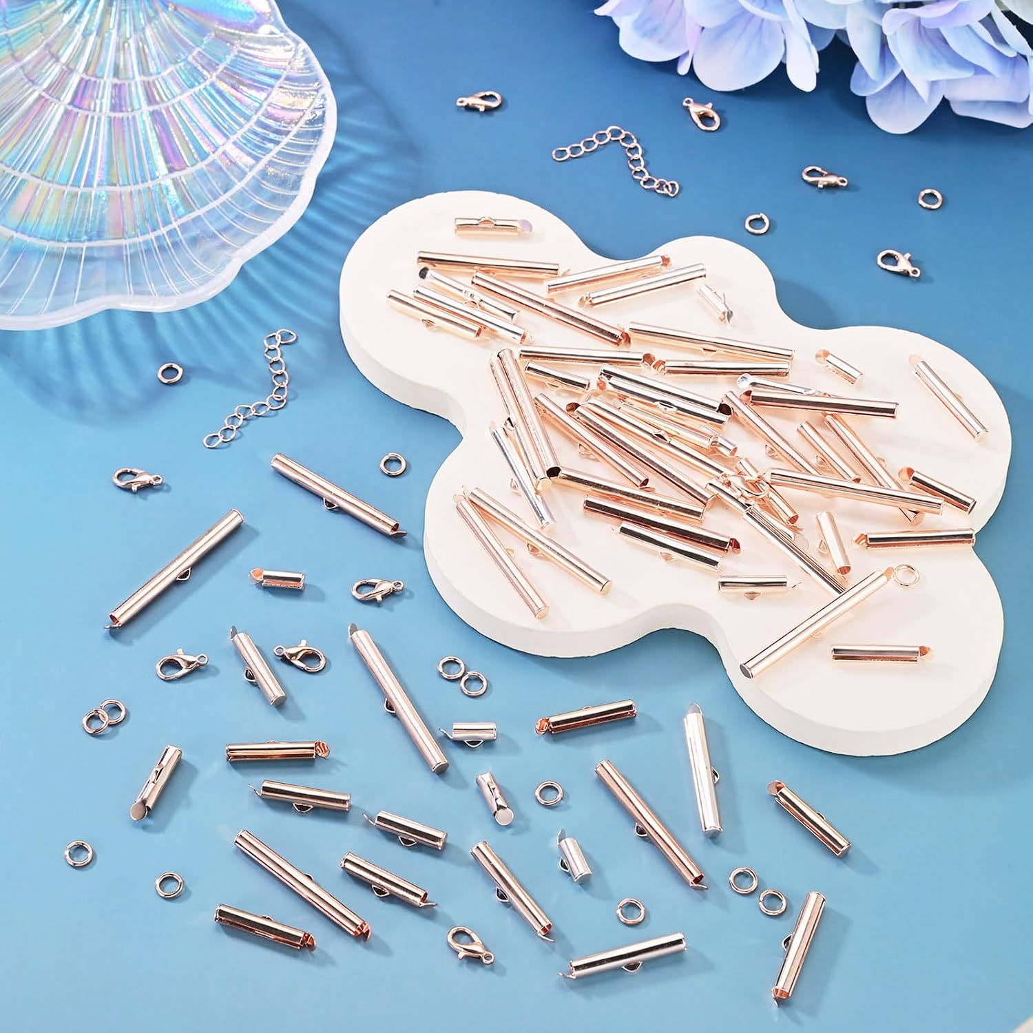 FASHEWELRY Slide On End Clasps Iron Slide Tube Cord Ends with Open Jump Ring Lobster Clasp Chain Extender Cord Tube Crimp Ends for Necklace Bracelet Jewelry Making Finding Kit, Rose Gold