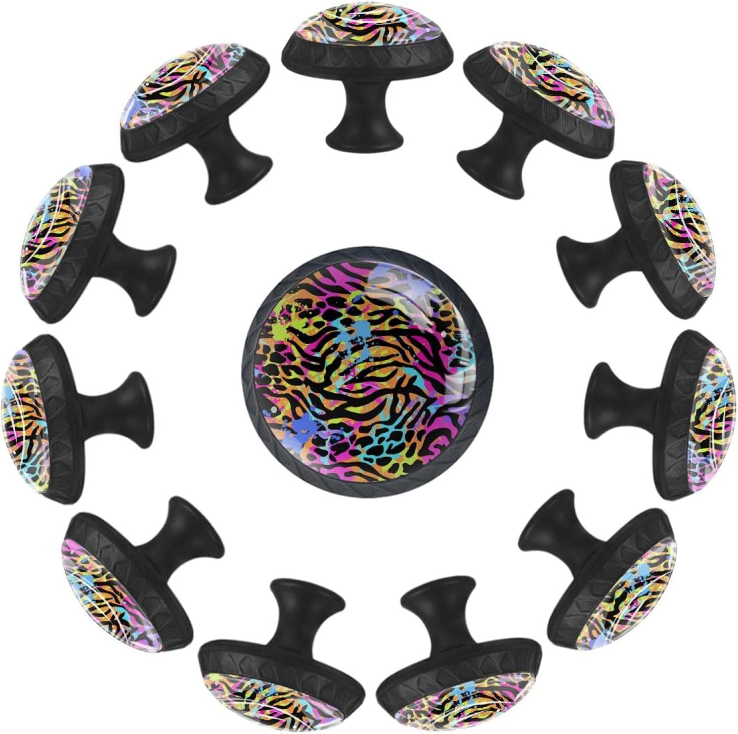 12 Pieces Colorful Neon Animal Mix Glass Knobs for Dresser Drawers, 1.37 x 1.10 in Round Kitchen Cabinet Pulls for Home Office Nursery Kids Room