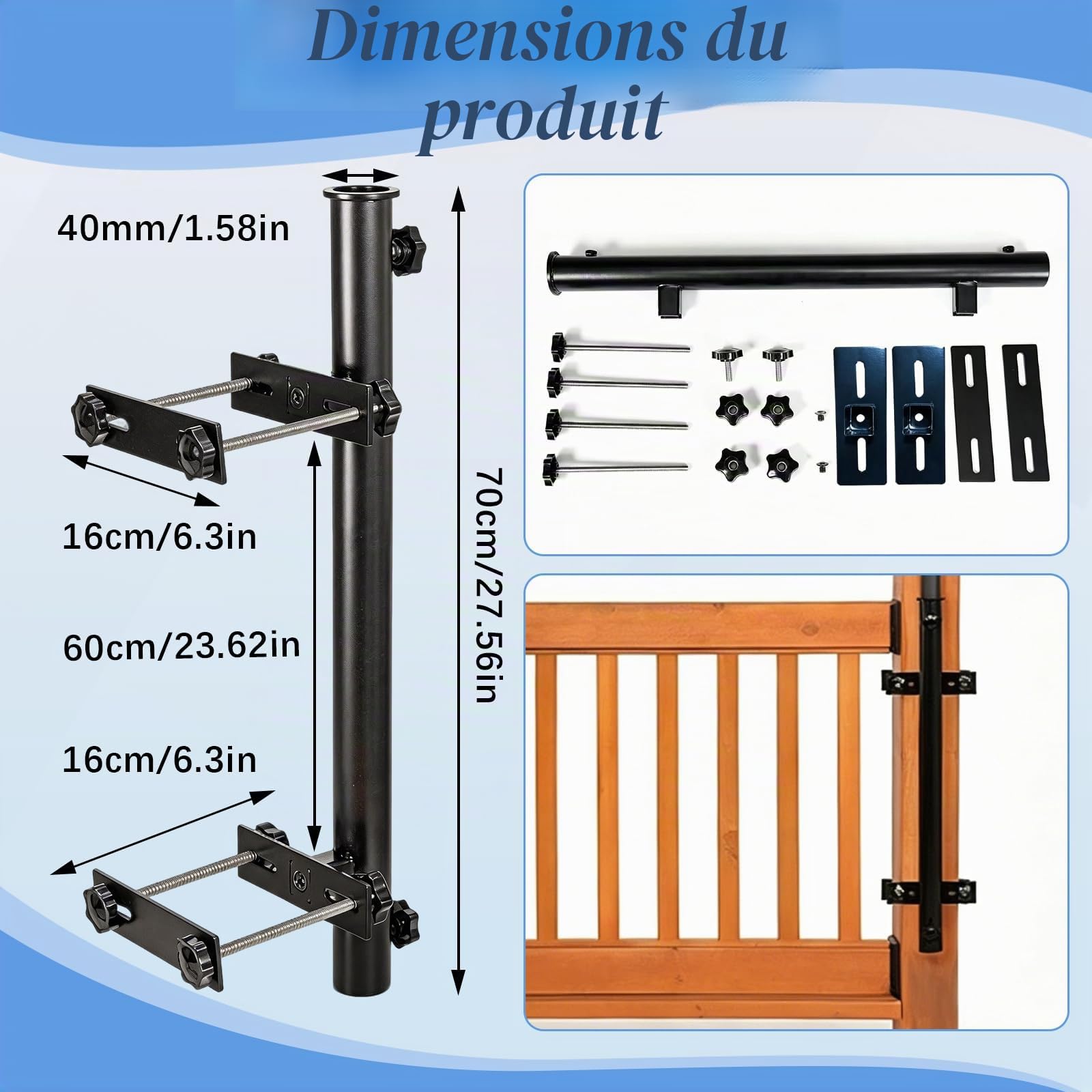 Support De Parasol, Pieds De Parasols pour Balcons Et Terrasses Pince Fixation Métallique Robuste Et Réglable pour Balustrade avec Pinces Et Vis pour Mât De Parasol De 40mm De Diamètre