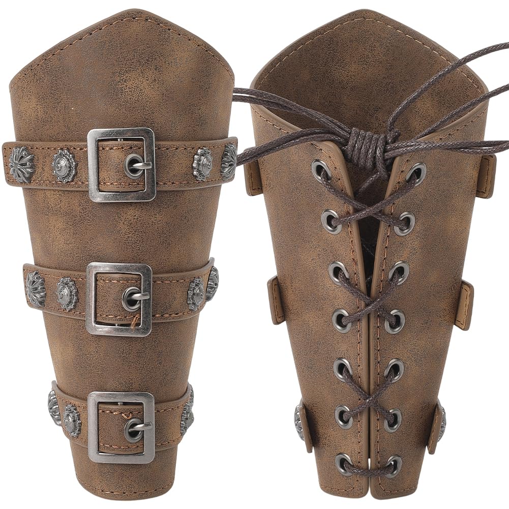 GORGECRAFT 2PCS Leather Arm Guards Archery Hand Bracers PU Leather Gauntlet Wristband Renaissance Warrior Medieval Retro Adjustable Buckle Arm Armor Cuff for Halloween Adult Cosplay Costumes, Camel