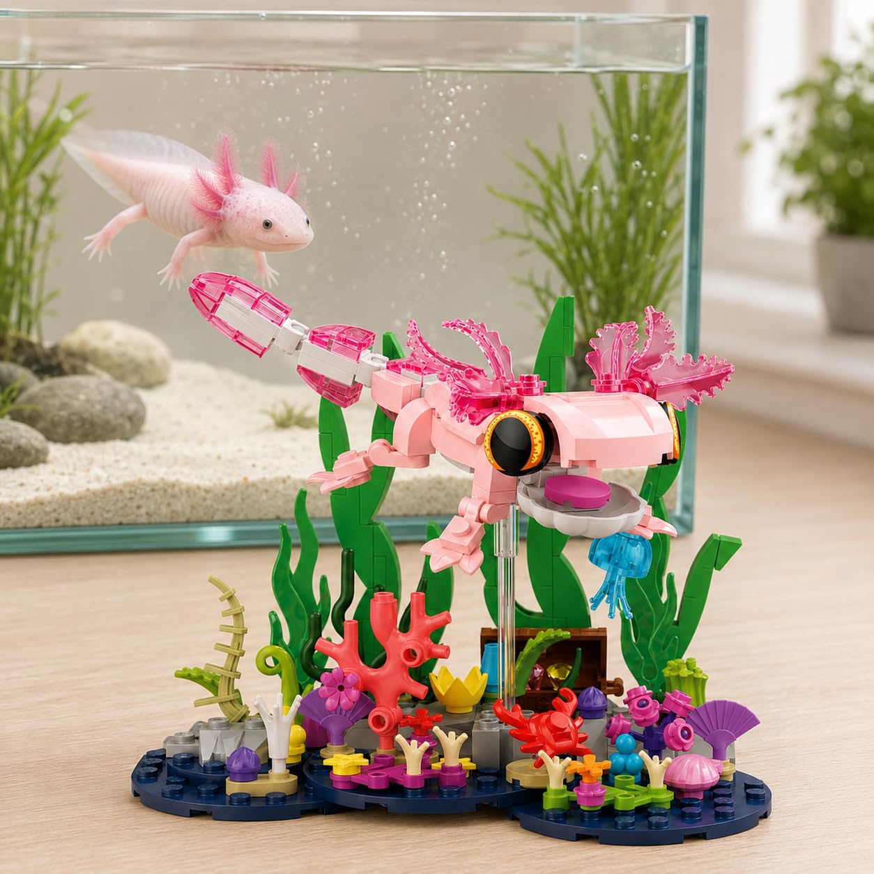 Axolotl Giocattolo da costruzione, carino rosa Axolotl subacqueo acquario | Con Axolotl mobile, scrigno nascosto, scena corallo, idea regalo per compleanno Natale
