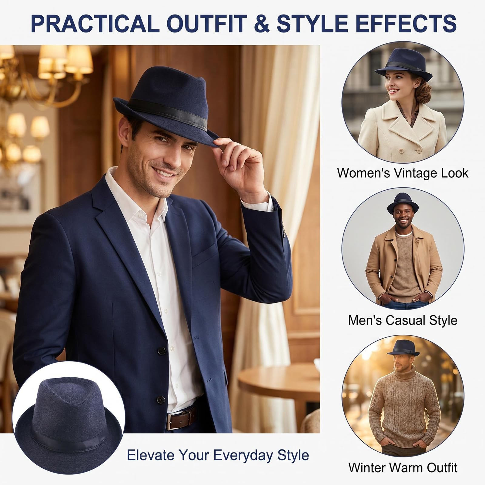 Upstore Cappello unisex Trilby Fedora anni '20 Panama Cappello Manhattan Gatsby con fascia Derby Cappello Jazz Cap