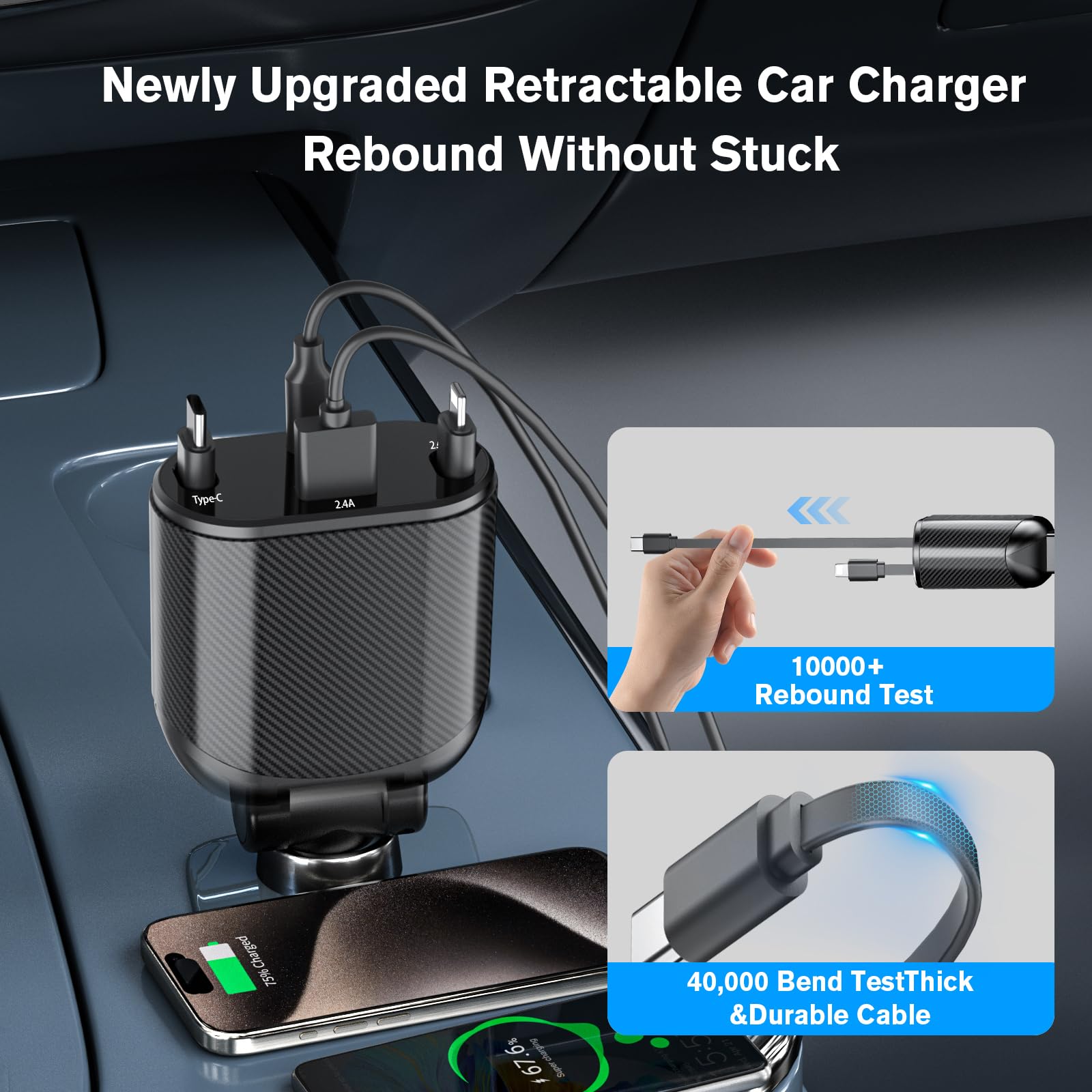 MAGJIEYX Retractable Car Charger 4 in 1 Fast Charging Adapter Magjieyx 62W Retractable Type-C/USB-i Cables and USB C/USB A QC & PD Devices for iPhone 16/15/14/13/12Pro Max Plus,iPad,AirPods, Galaxy
