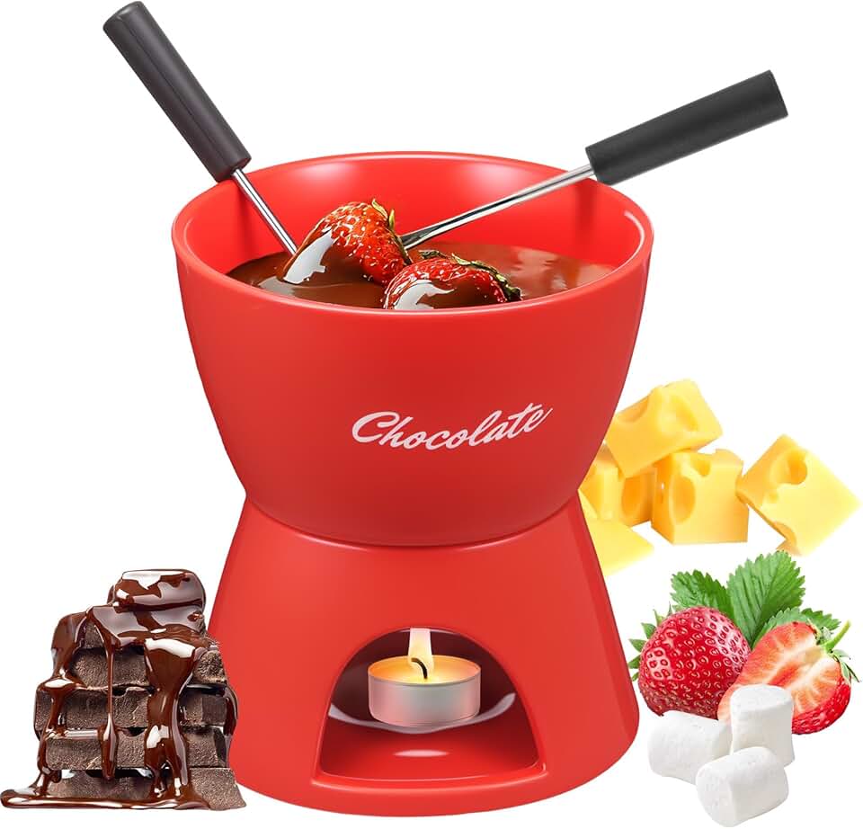 Conjunto de panela de fondue de chocolate de cerâmica, caneca de derretimento doce com 2 garfos, kit de mini copo de fondue, aquecedor portátil de doces para sobremesas de queijo, pode ser lavado na