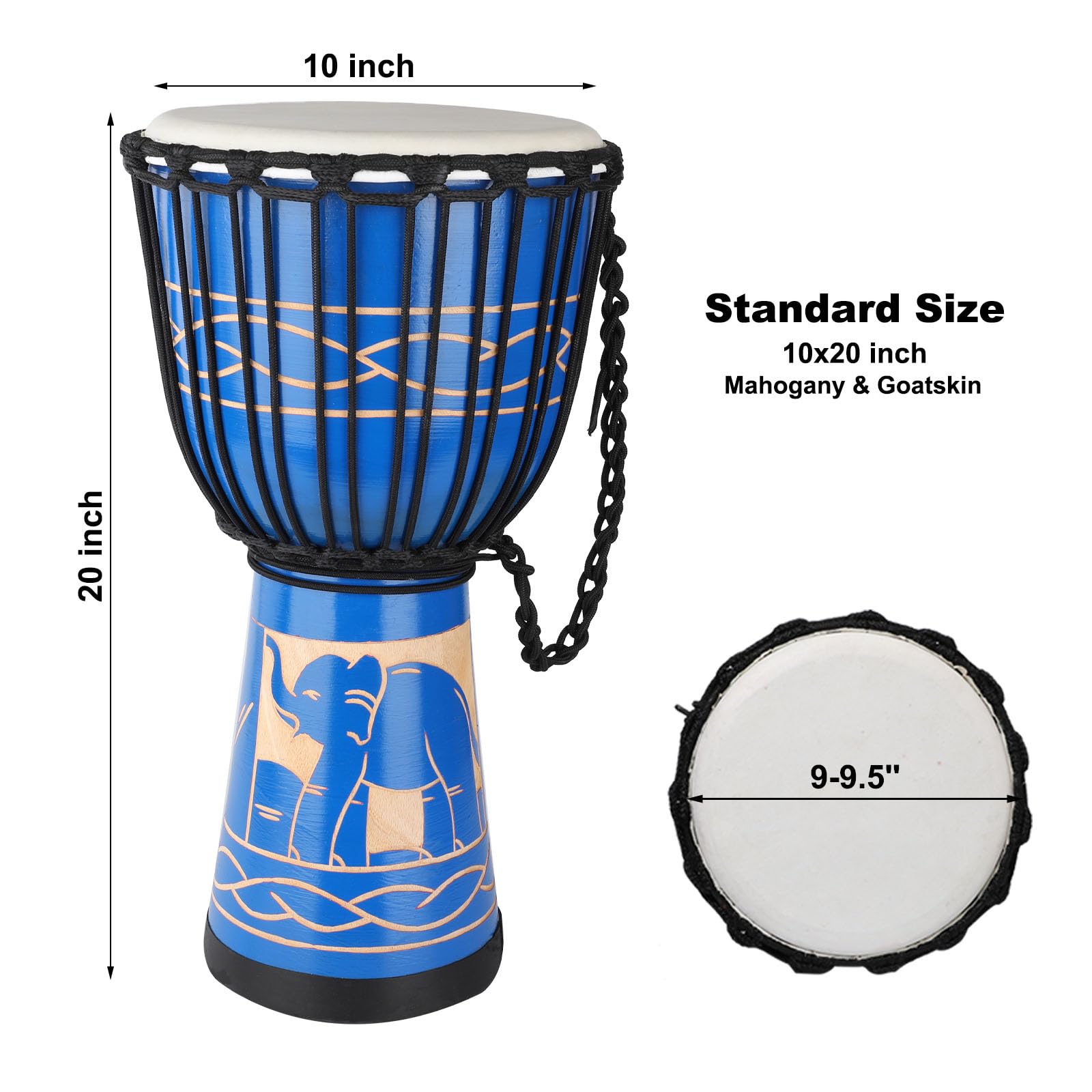 Djembe African Drum 10'' x 20'' with Mahogany Body Goatskin Drumhead Hand Drums for Adult (Blue)