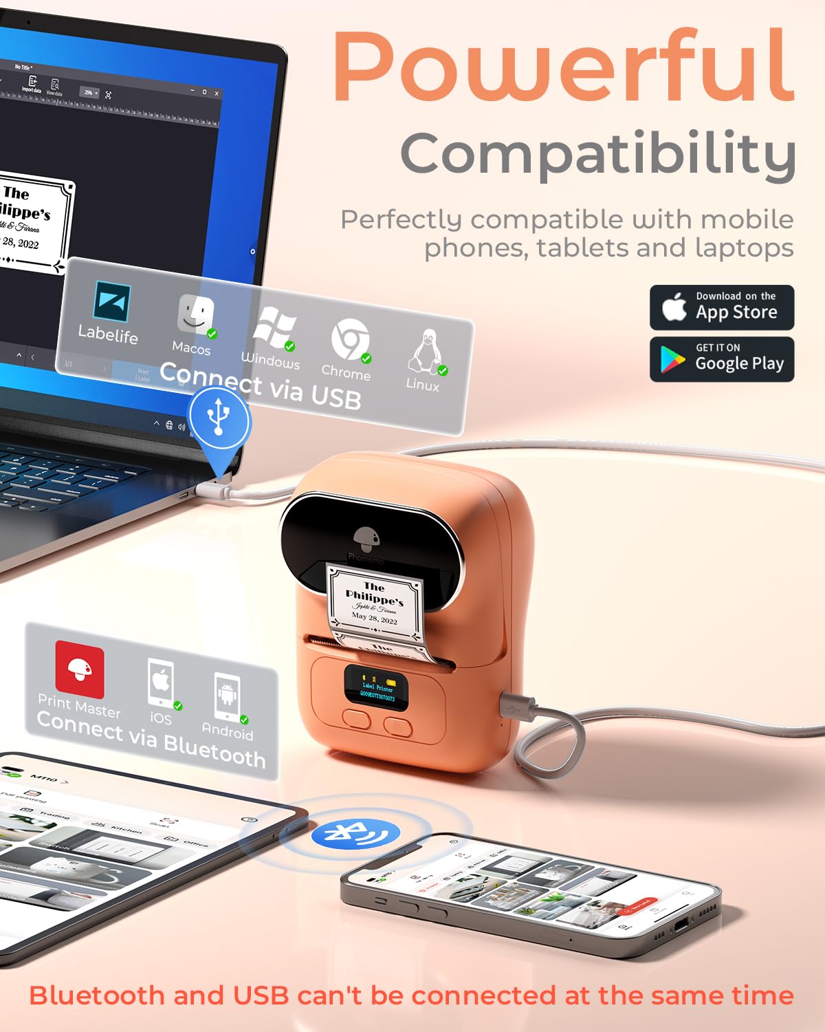 Phomemo M110 Etikettendrucker - Mini Bluetooth Etikettendrucker, Thermo Etikettendrucker Handdrucker, Geeignet für Kleidung, Supermarkt, Einzelhandel usw., kompatibel für Android und iOS, Orange