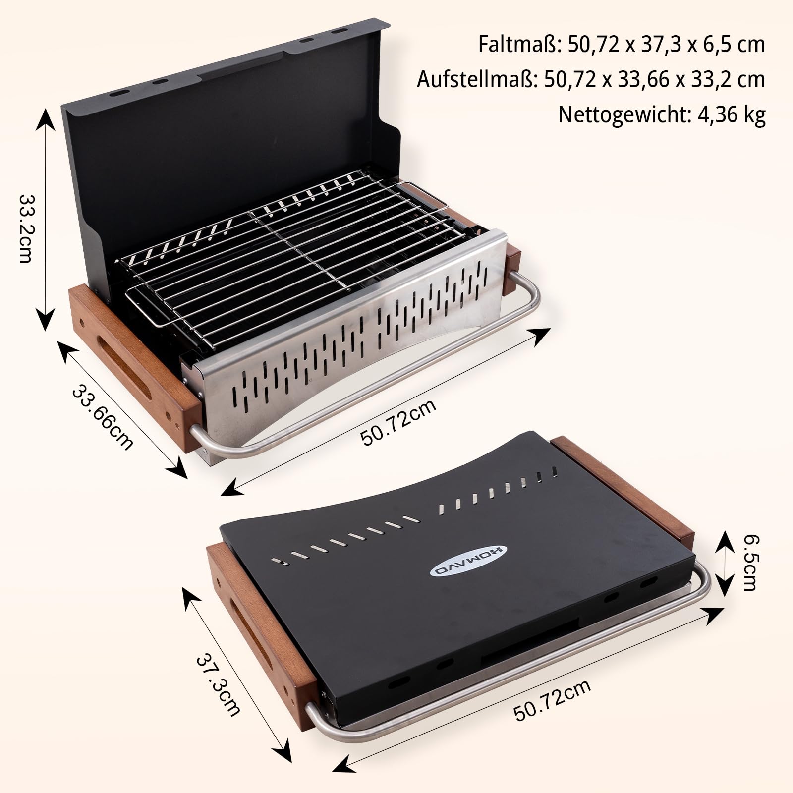 Holzkohlegrill tragbar mit Zubehörset, klappbarer Grill 38,15 x 20,95 cm, werkzeuglose Montage, 2-fach höhenverstellbar, ideal für Balkon Garten Camping