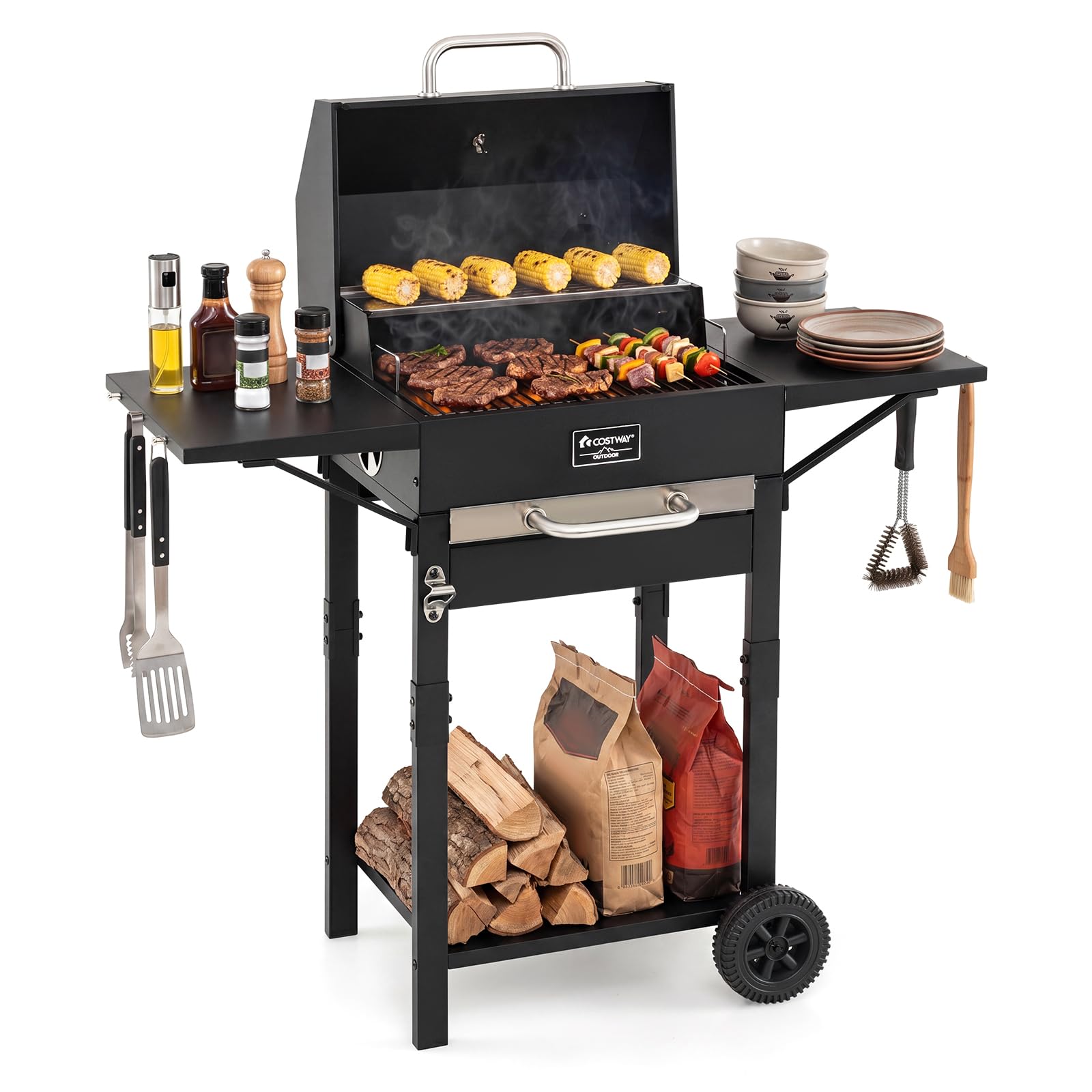 COSTWAY Barbacoa Carbón y Leña XXL con Ruedas, Tapa, 110 x 43 x 105 cm | 2 Mesitas Laterales, 6 Ganchos, Doble Rejilla de Cocción, Abrebotellas y Termómetro, Carrito Grill Portátil para Camping, Pic
