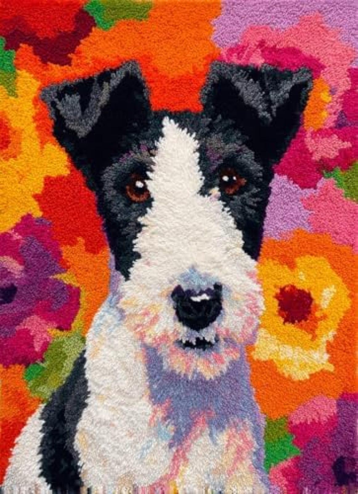 XDEGHUANGSS Latch Hook Rug Kit Fox Terrier Dog Portrait in Flowers Cushion Cover DIY Craft Set Pre-Printed Mat 38x52cm for Home Decor-4