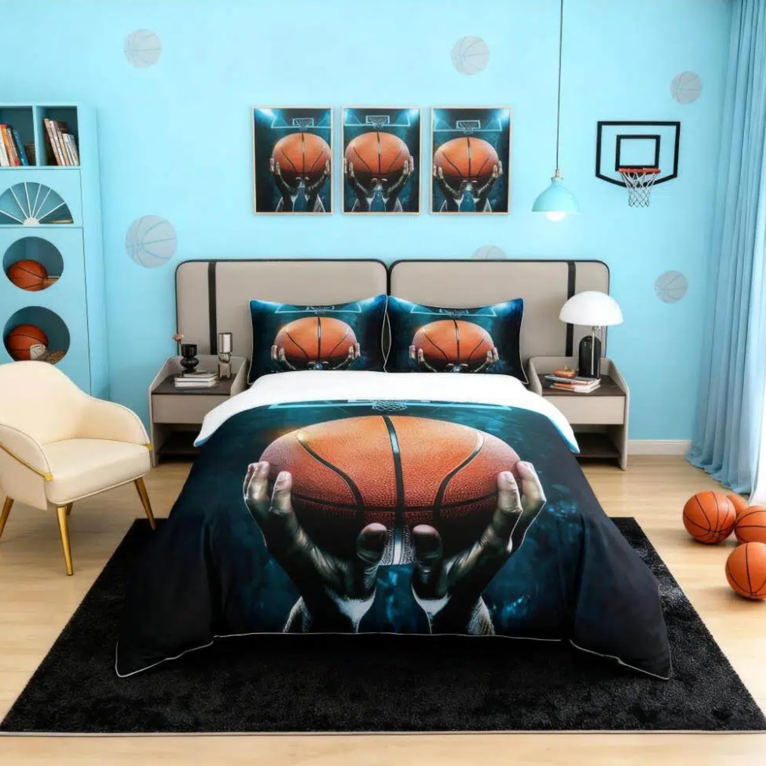 Set di biancheria da letto con tema campo da basket per ragazzi, pallacanestro, copripiumino 220 x 240, decorazione sportiva, tema copripiumino 3D partita di palla, biancheria da letto per bambini e