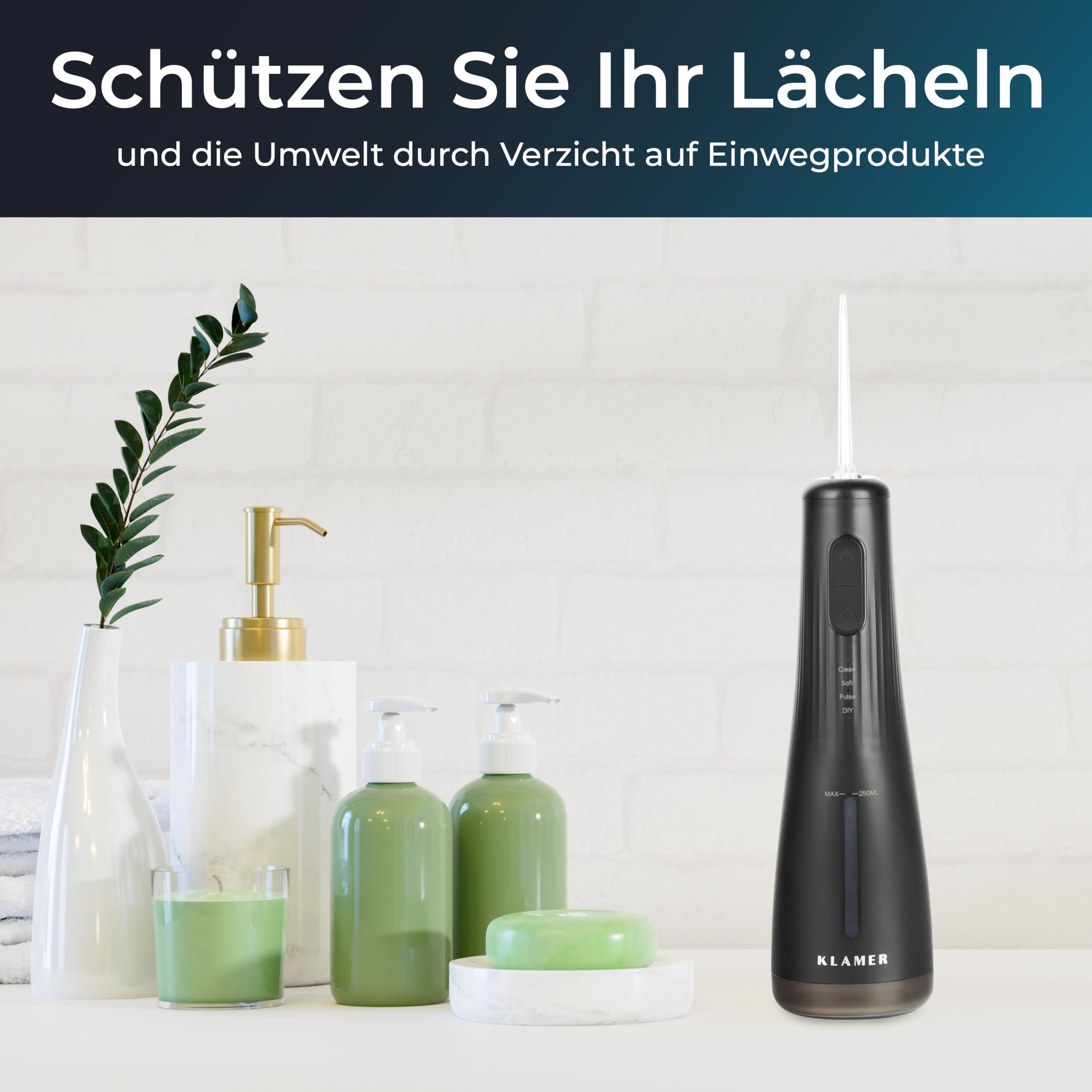 KLAMER Munddusche kabellos mit 4 Programmen, 2 Aufsätzen und 250 ml Tank | Water Flosser für Zahnspangen und empfindliches Zahnfleisch, entfernt Plaque zwischen Zähnen und unter dem Zahnfleischrand