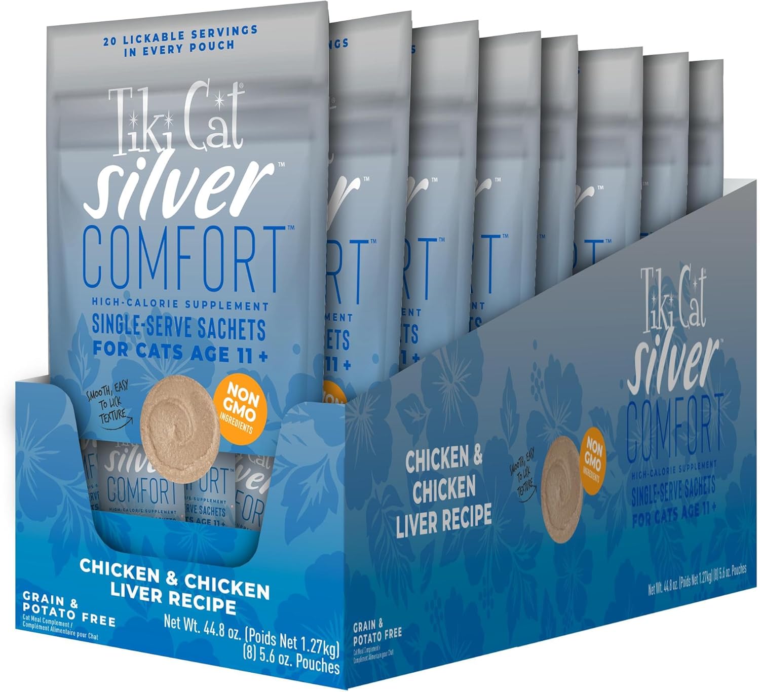 Tiki Cat Silver Comfort Mousse, Chicken & Chicken Liver, High-Calorie Formulated for Older Cats Aged 11+, Senior Wet Cat Food, 5.6 oz Pouch (20 Individual Servings) (Pack of 8)