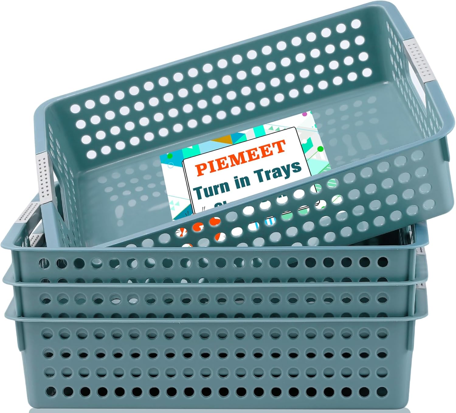 4 Pcs Turn in Trays Classroom, A4 Paper Trays for Classroom with Handles, Stackable Plastic Storage Baskets, Paper Organizer Baskets for Library Drawers Office Home(Blue)