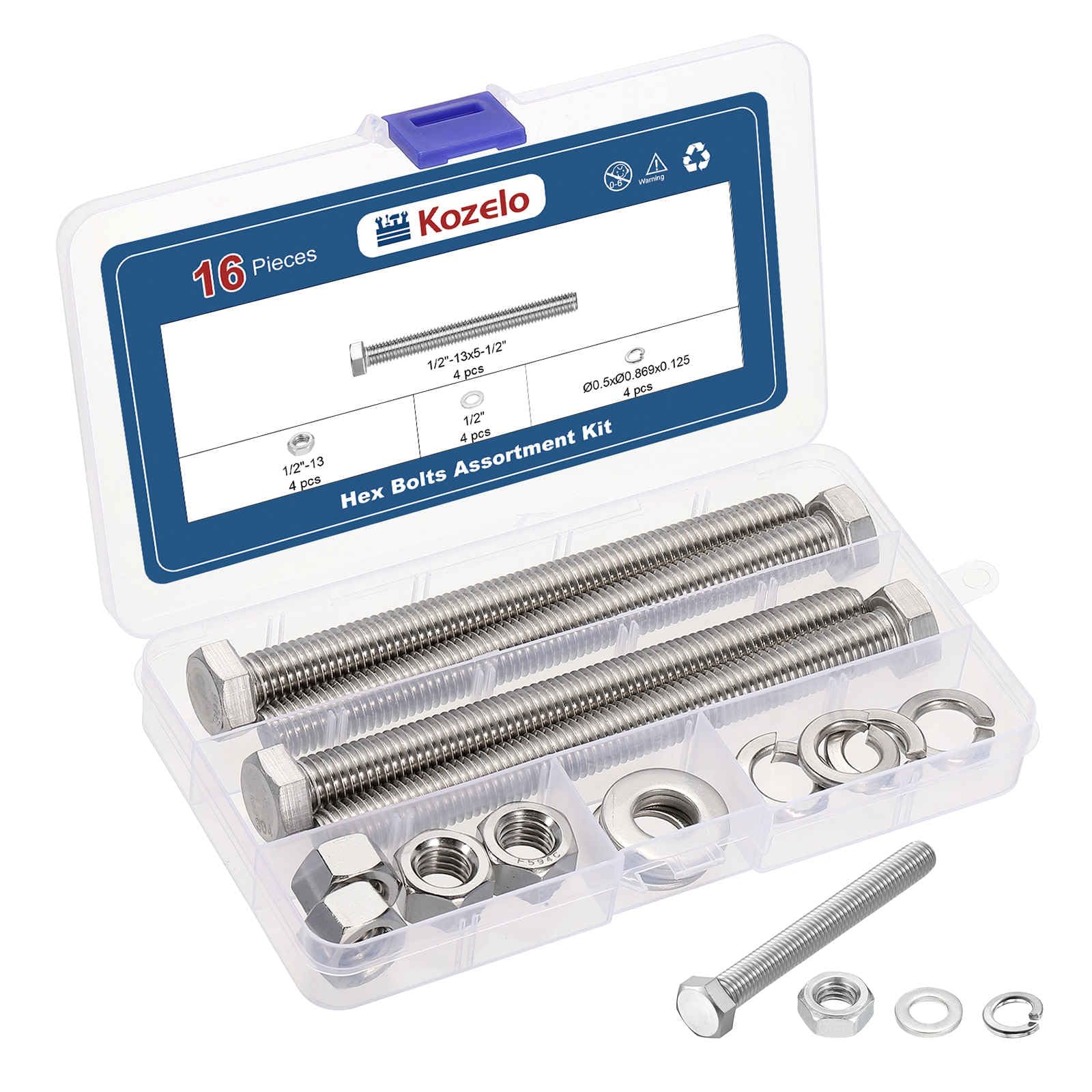 Kozelo 16 Pcs Bolts and Nuts Washers Kit - [1/2"-13x5-1/2"] 304 Stainless Steel Hex Tap Bolt Assortment Fully Threaded Hexagon Head Machine Bolts Right Hand, Silver Tone — image 1