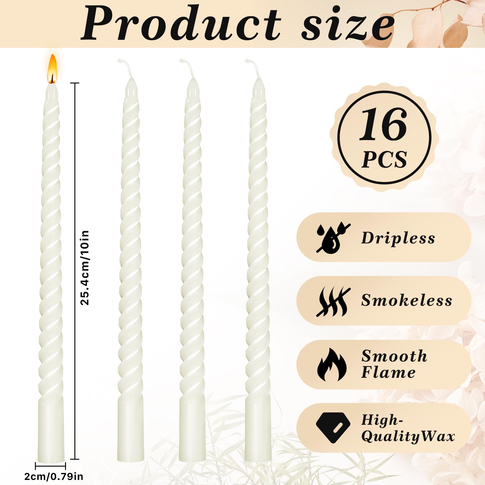 Dyrfolm 16 PCS Spiral Taper Candles,White Spiral Candle,10 Inch Twisted Taper Candles,Unscented Twisted Candlesticks,Dripless Long Candle Sticks for Wedding,Party,Dinner and Home Decoration