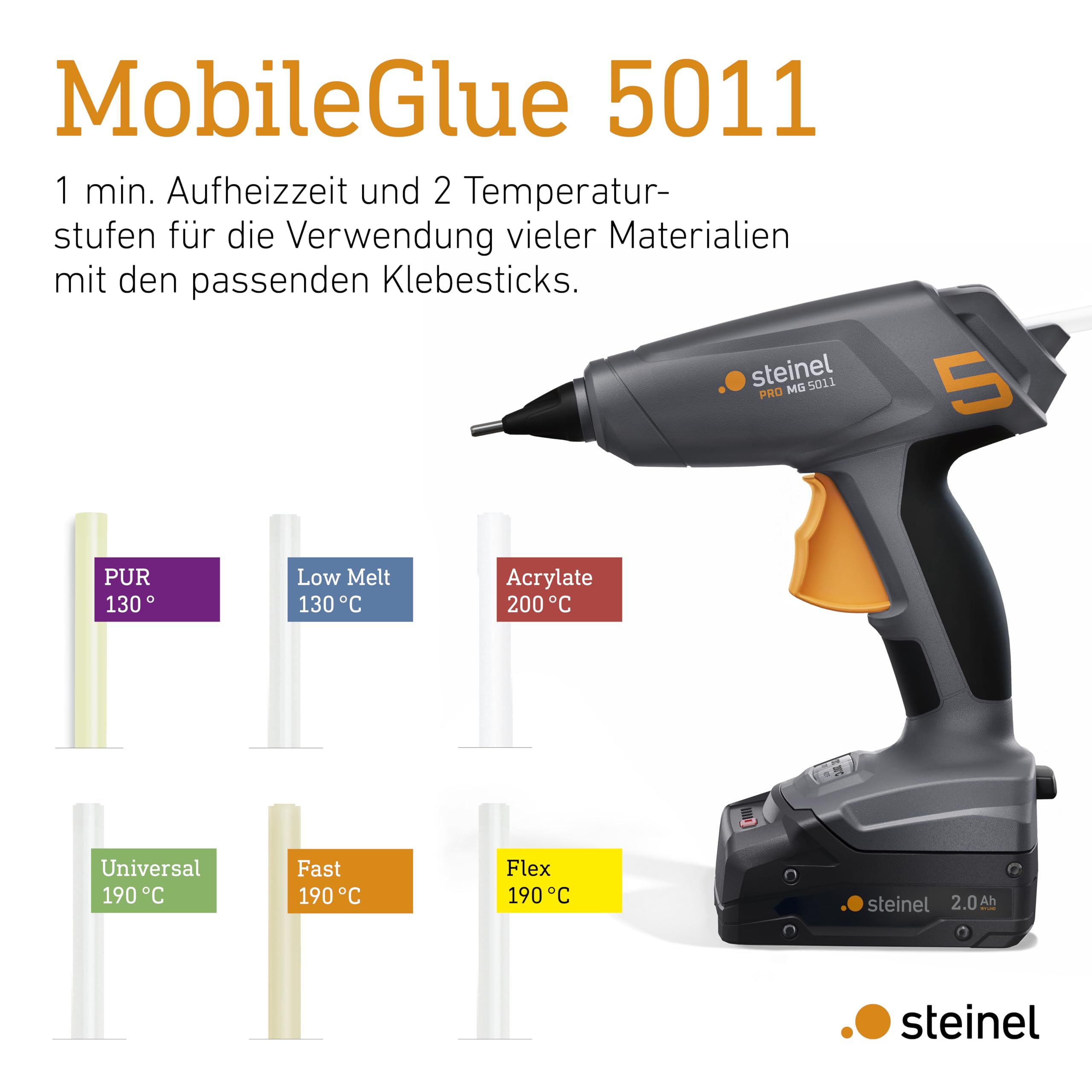 Steinel Akku Heißklebepistole MobileGlue 5011, für Metabo 18V CAS Akku, inkl. 3x Heißklebesticks, in 90 Sek. startklar, bis 90 Min. Dauerbetrieb, kabellos, Dual-Temp-Modus 130°C/200°C, ECO-Mode