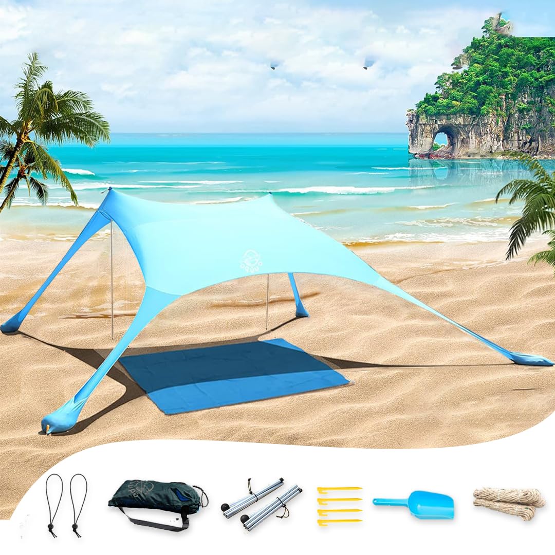 TTDCOFamily Beach Tent Camping Sun Shelter UPF50 Protection - Anti Wind Sun Protection Shelter for Beach with Sand Anchor 4 Aluminum Poles for 6-8 Person Outdoor Picnic Tent - Beaching Camping Trips