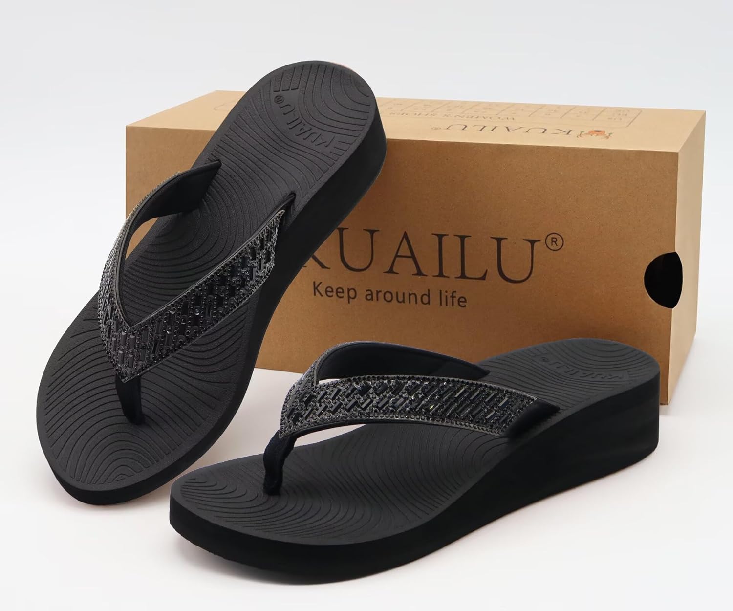 KuaiLu Womens Dressy Rhinestone Platform Flip Flops Trendy Comfortable Arch Support Cushion Walking Bling Thong Sandals Ladies Memory Foam Wedge Orthotic Plantar Fasciitis Summer Pool Beach Black 9 - Image 6