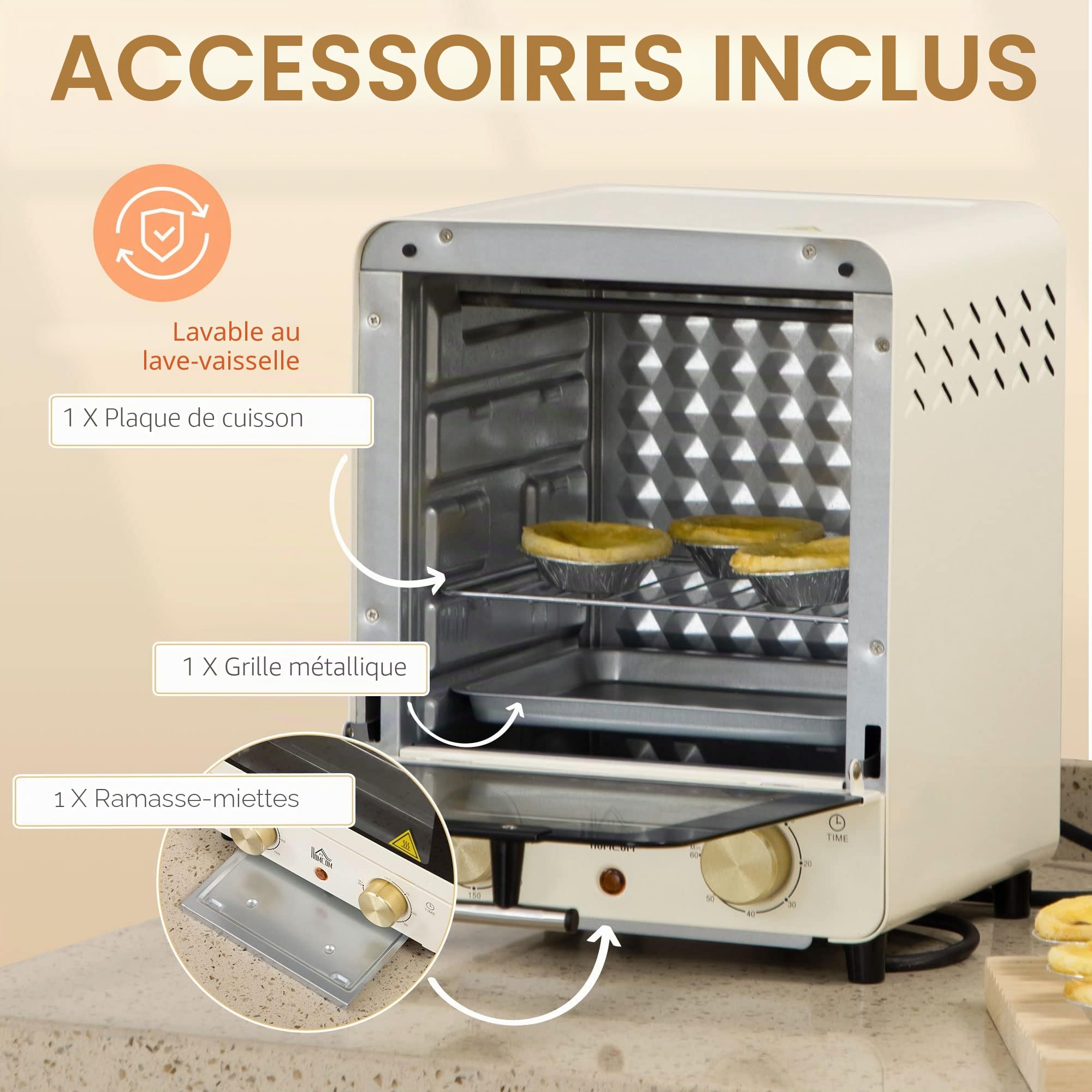 HOMCOM Mini-four 15L, Four à pizza 1000 W Mini-four électrique y compris jeu de plaques de cuisson, plateau ramasse-miettes, minuterie 1 heure, 60-230℃, blanc crème
