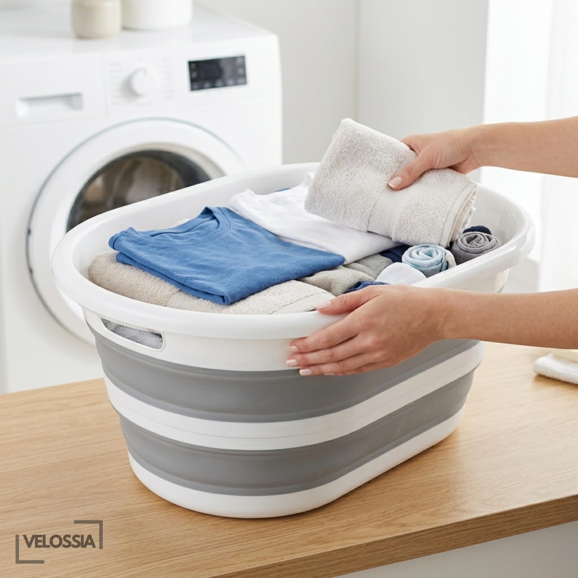 VELOSSIA Barreño Plegable 35L Silicona Resistente con Asas, Cubo Plegable Ropa, Cesto Ropa Multiusos, Incluye 2 Bolsas Delicadas, Cesta Colada, Baño, Camping, Lavado a Mano (35 L.) - 3