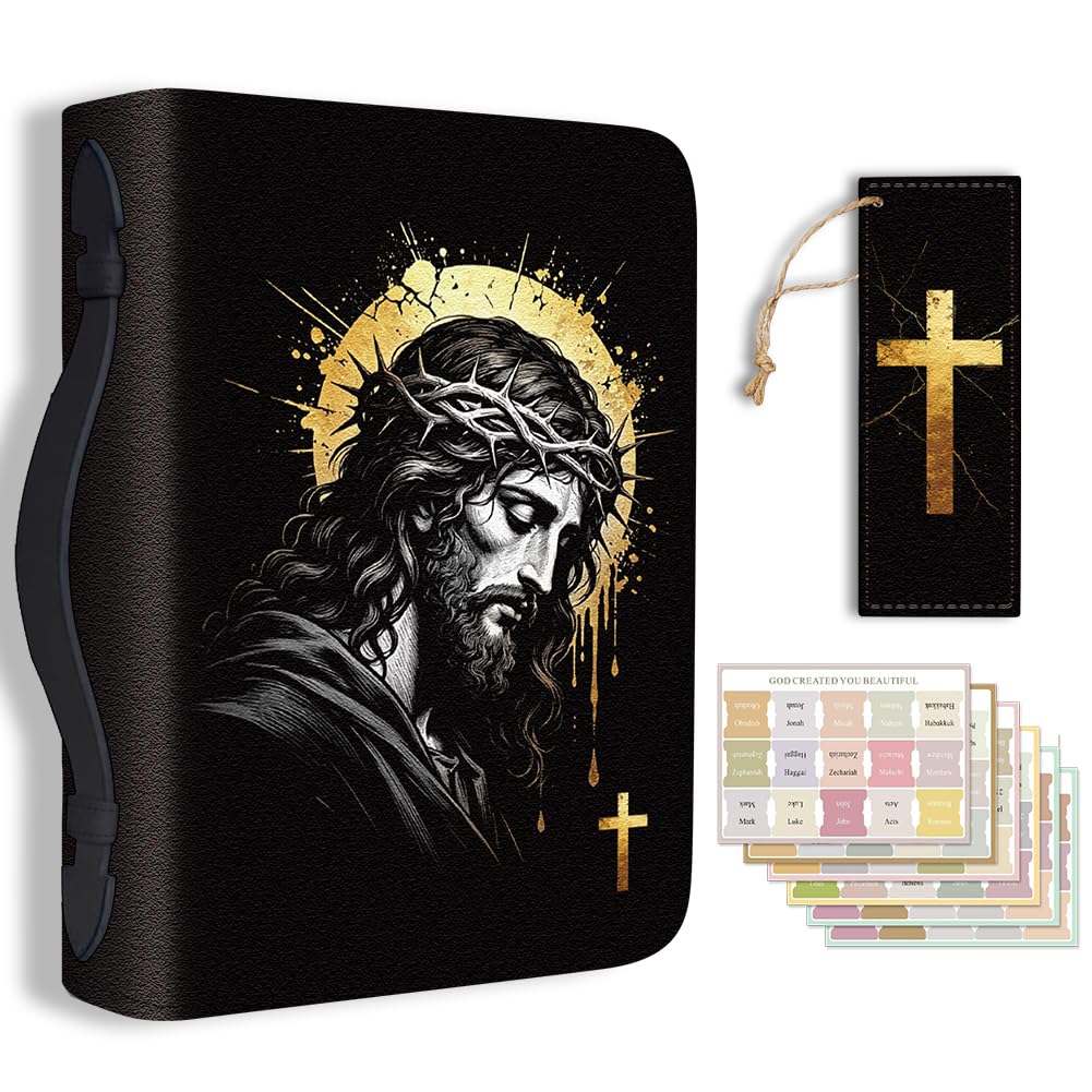 TNKBREEZE Black & Gold Halo Bible Cover Crown of Thorns PU Leather Book Carrying Bag with Bookmark Inspirational Bible Verse Book Case with Handle and Zipper Christian Gift Church Study 11.2×8×2.3inch