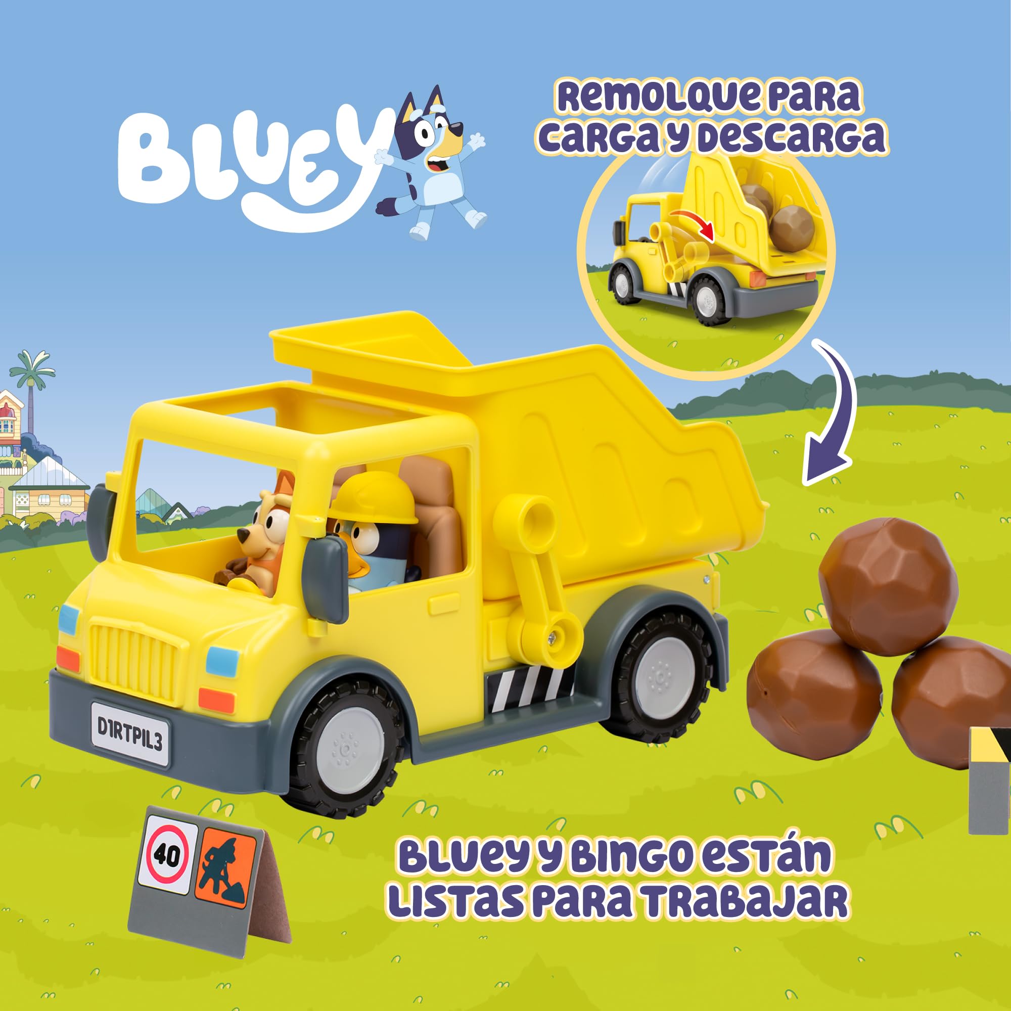 Bluey Dump Truck, śmieciarka, w zestawie figurka przyjaciela, w zestawie naklejki, 2 alerty i 3 plastikowe skały na przygodę, słynną przygodę (BLY96000)