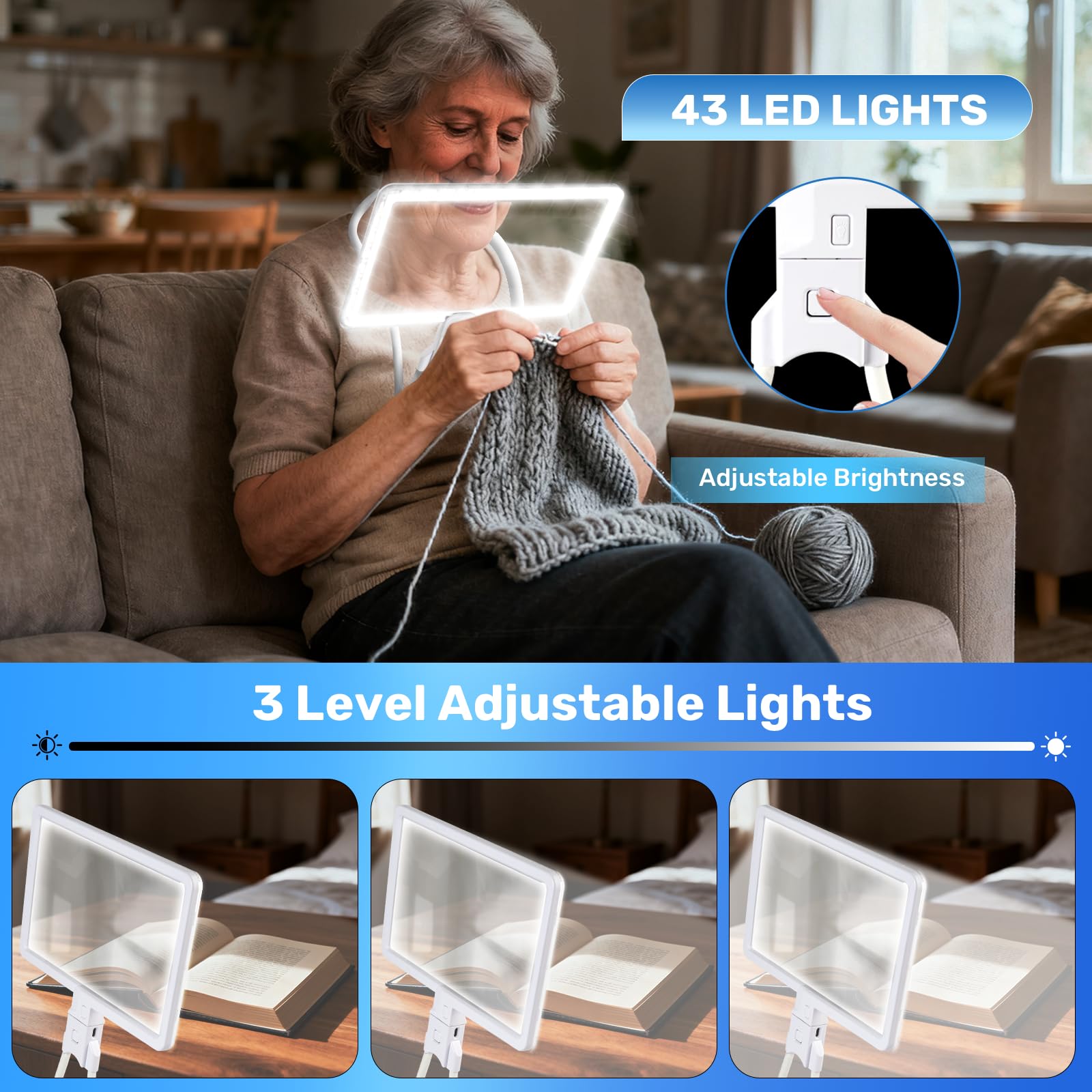 Lupa de cuello 5X con luz, lupa con luz manos libres, lupa de página de libro completo con 3 modos de luz, cuello de cisne flexible para personas mayores que leen baja visión (blanco)