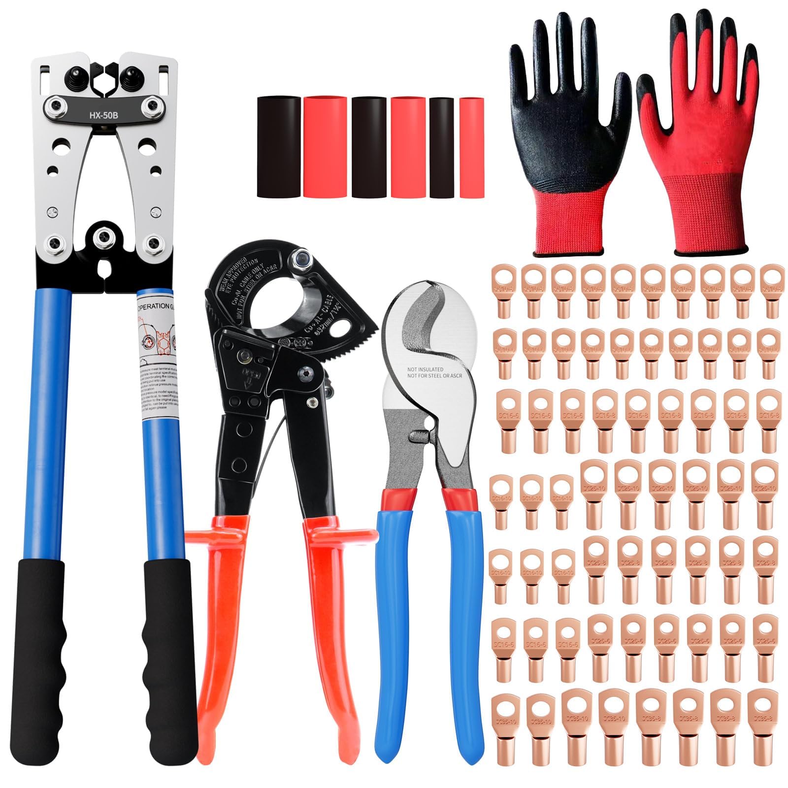 Batterie-Kabelschuh-Crimpzange für AWG 10-1/0 elektrische Kabelschuhe, mit 2 Kabelschneidern, 64 Ringkabelschuhen und 70 Schrumpfschläuchen