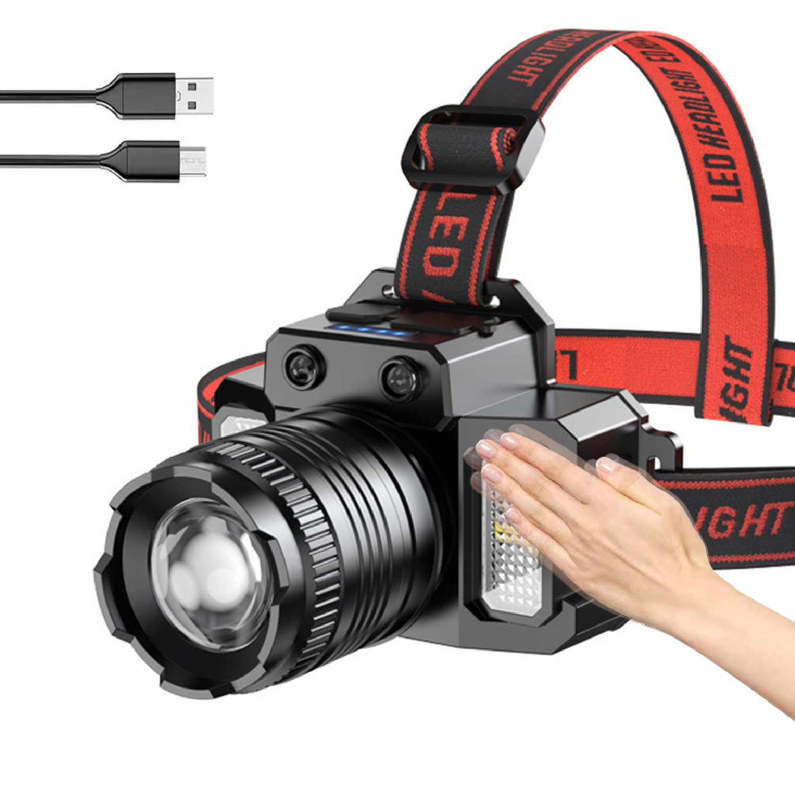 OUNS MOON Headlamp Flashlight Rechargeable LED 450 Lumen, 5 Lighting Modes, Motion Sensor with 360°Rotating Zoom Adjustable Angle Camping Head Lamp IPX4 Waterproof for Fishing, Running, Outdoor Use