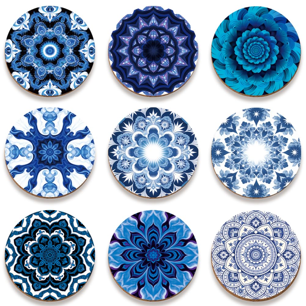 SUPERDANT 9 Pcs Wood Coasters Blue Kaleidoscope Round 4 Inch/10 cm Slim Waterproof Cup Mats For Coffee Table Dining Room Decor Housewarming Gift Box Blue