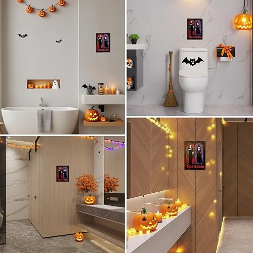 Miniatura 5 de Letrero de decoración de baño de Halloween, letrero de metal de la muerte y la bruja, decoración gótica de baño y arte de pared, decoración de