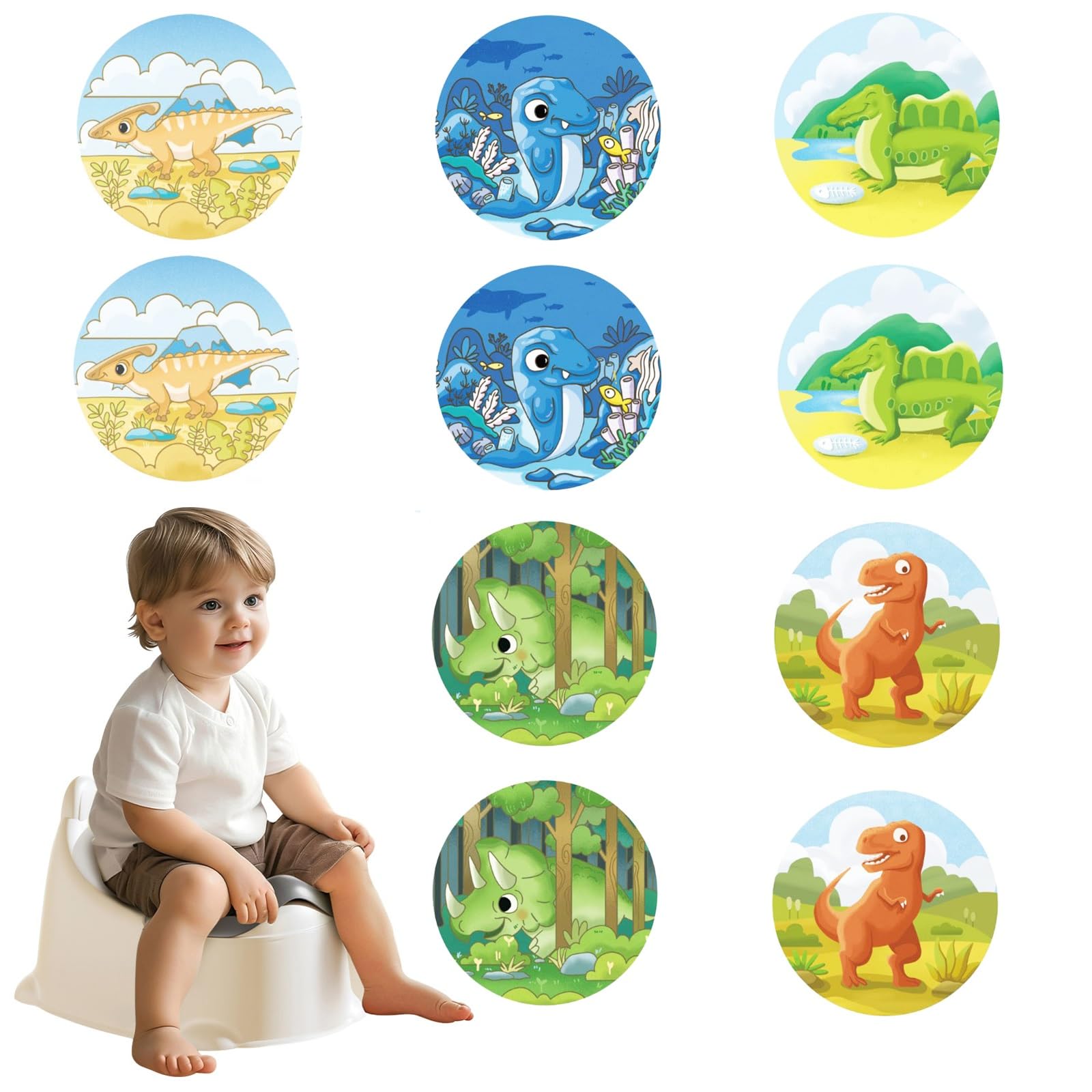 PORUPAEL 10-Pack Potty Training Stickers - Color-Changing Toilet Training Stickers, Reusable Potty Stickers with Dinosaur Designs, Interactive Pee Targets for Kids