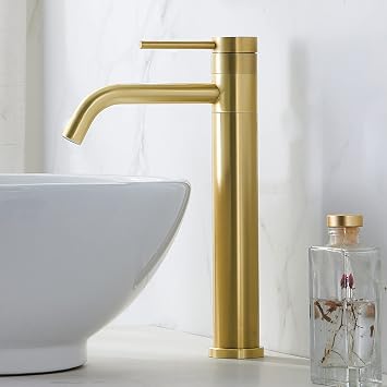 Hotis Gold Vessel Sink Faucet, 360 Swivel Brushed Gold Vessel Faucet, Single Handle Tall Body Farmhouse Vessel Faucet, Bathroom Faucets for Sink 1 Holewith Pop Up Drain, HT-BF100