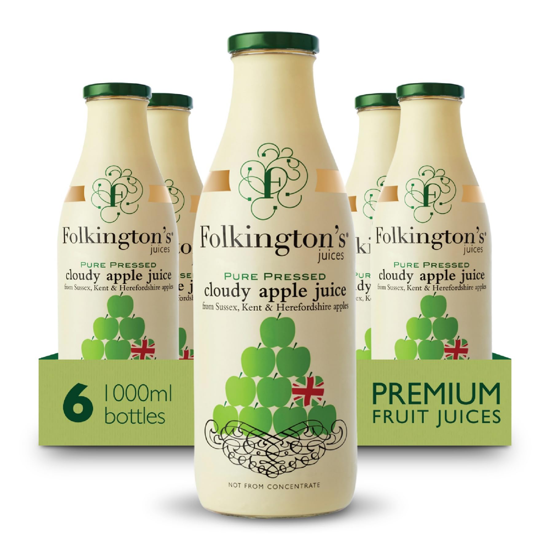 Folkington's Cloudy Apple Fruit Juice, 6 x 1 Litre Glass Bottles, Premium Pressed Apple Juice, Vegan, 6 Count, 6 Litre