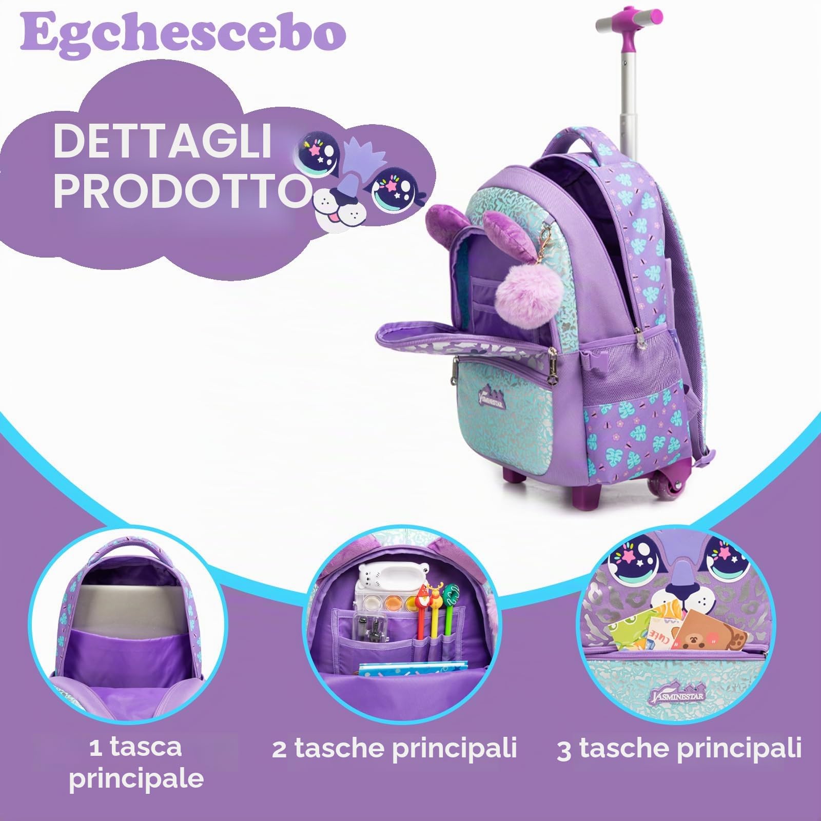 Zaino con Rotelle Bambina Trolley Animale Zainetto Asilo Scuola Elementare Primaria 17” 3PCS Borsa Pranzo Portamatite Media Carrello Ruote Valigia Ragazza per Rullo Valigia da Viaggio Viola