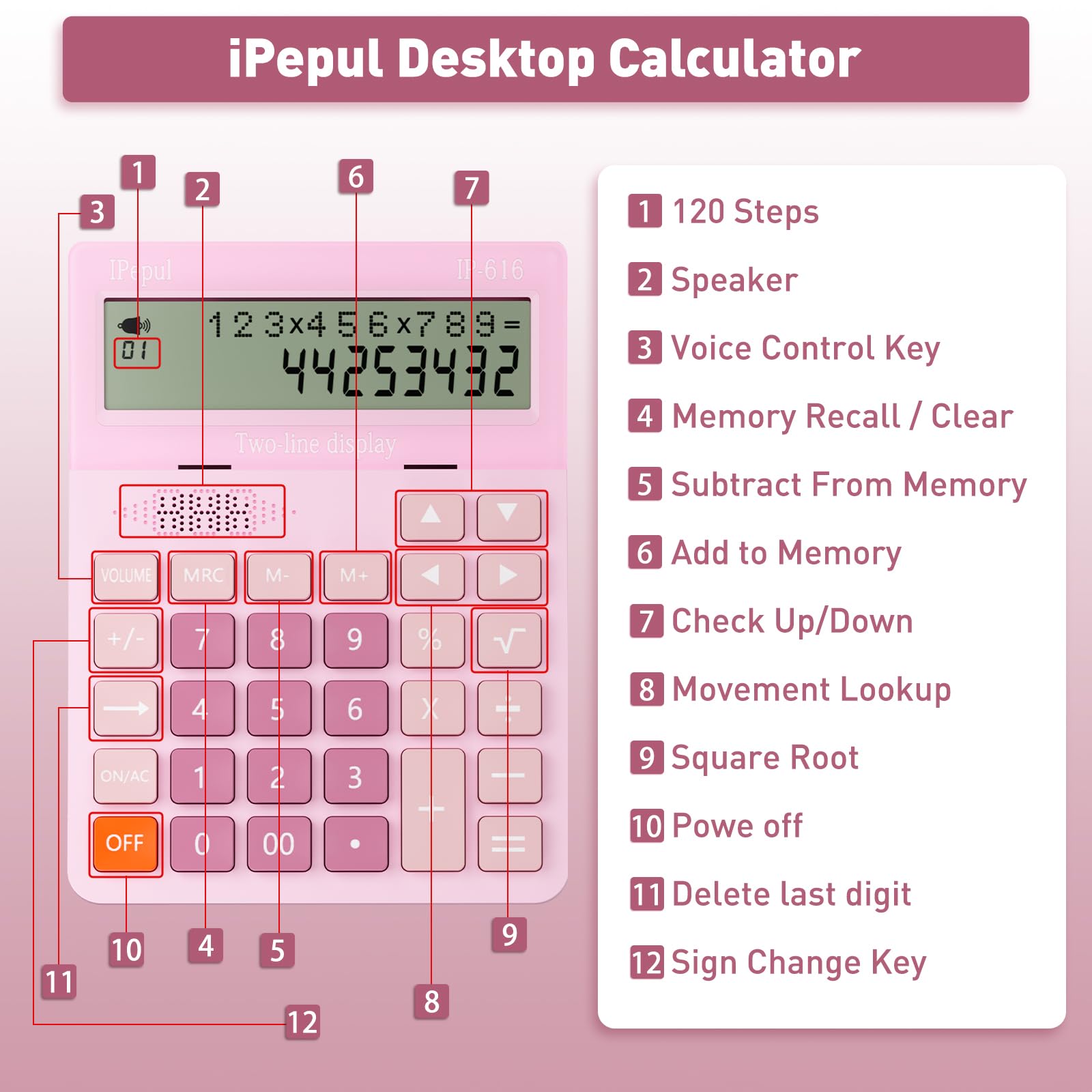 Ipepul - Calcolatrice parlante da tavolo, con display LCD a 2 righe e 12 cifre e pulsante grande, 4 funzioni, per lavoro, ufficio, negozio, scuola (rosa)