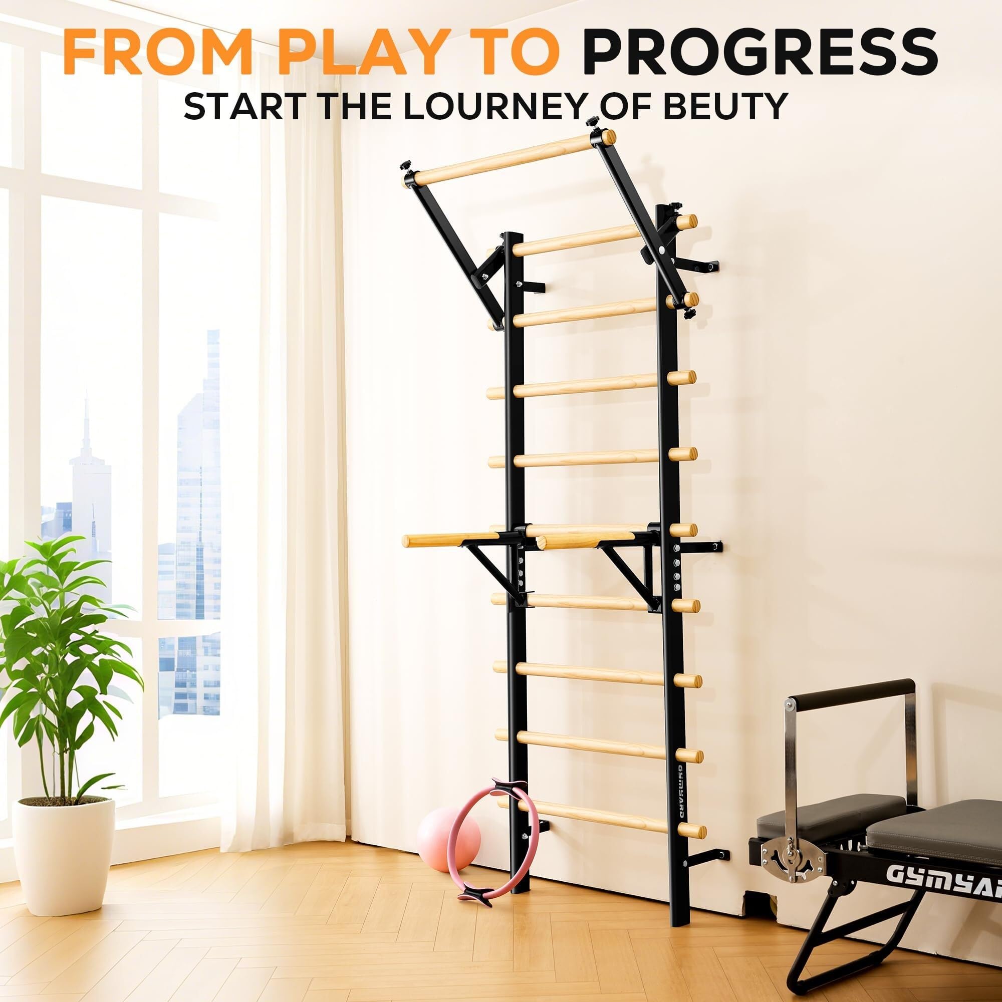 Sprossenwand Indoor mit Klimmzugstange, Dip-Barren und Klettergerüst, Wandmontage Kletterwand aus Holz – Fitnessgerät für Zuhause, Turngeräte für Kinder und Erwachsene für Home Gym und Gymnastik