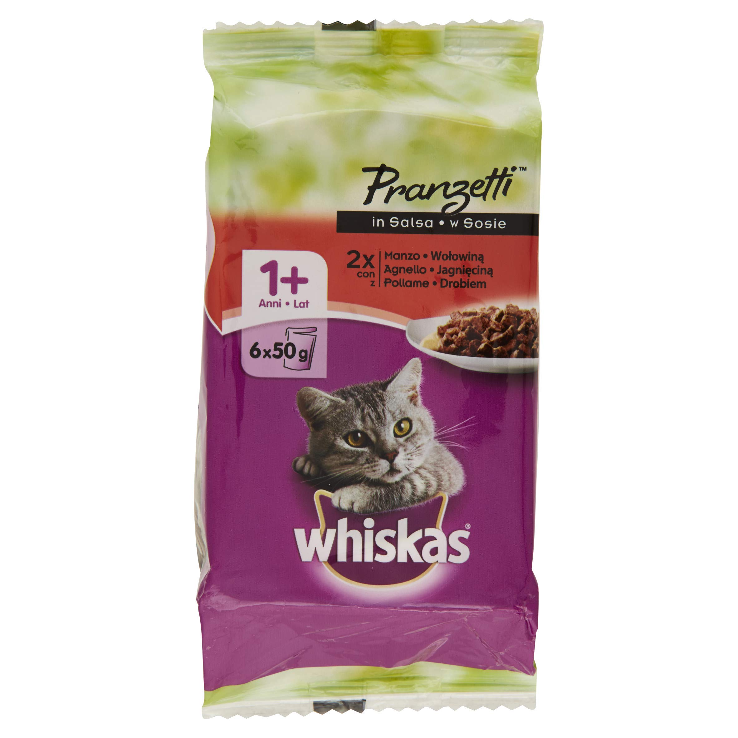 Whiskas Pranzetti in Salsa 1 Ans 6 x 50 g, Nourriture pour Chat avec bœuf, Agneau et Poulet - 12 Paquets (72 pièces au Total)
