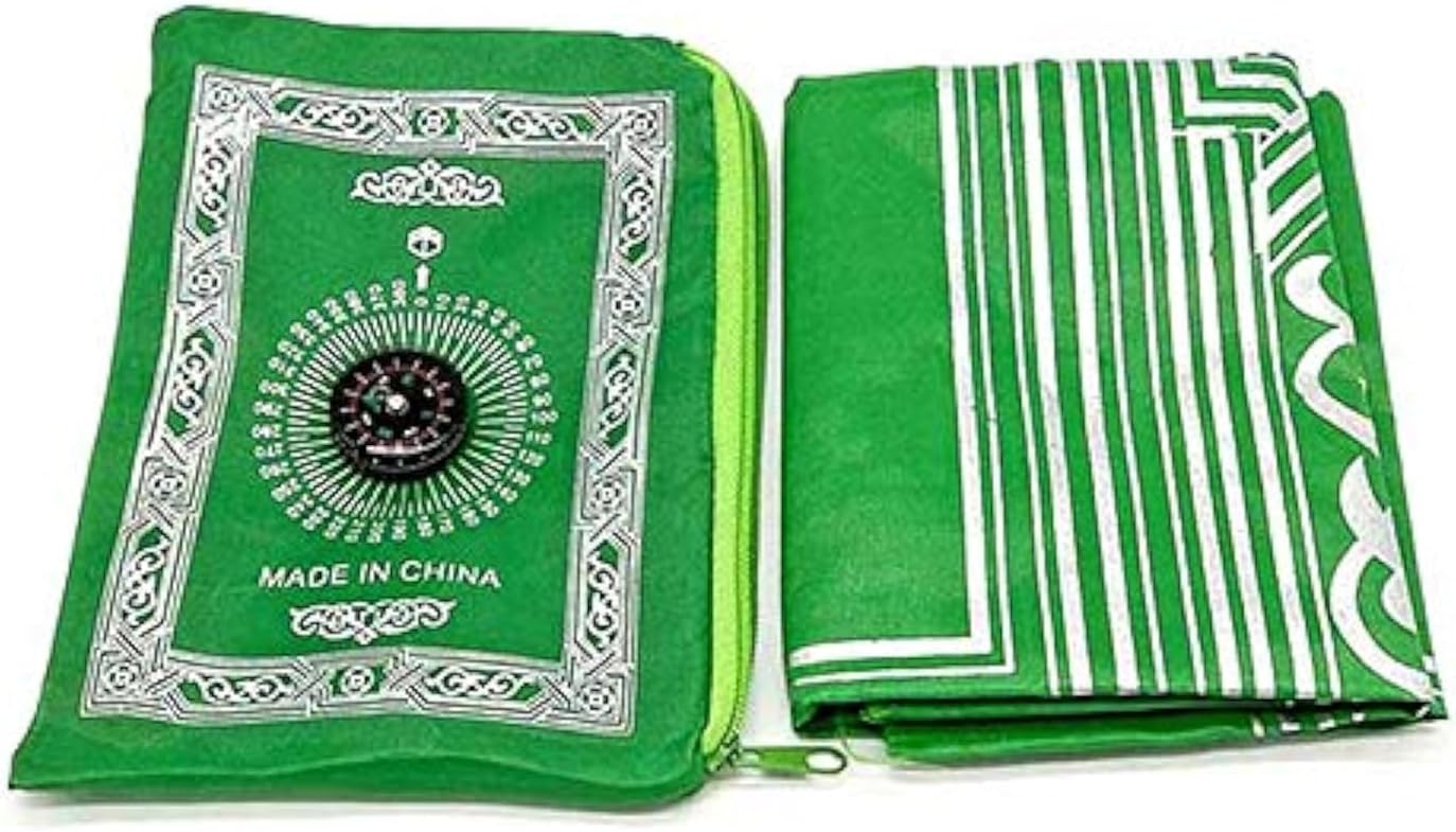 Musallah,Pocket Prayer Mat, Muslim Portable Praying Rug for Mosque, Home, Office,Compass, Waterproof, Size 60x100cm (Green)