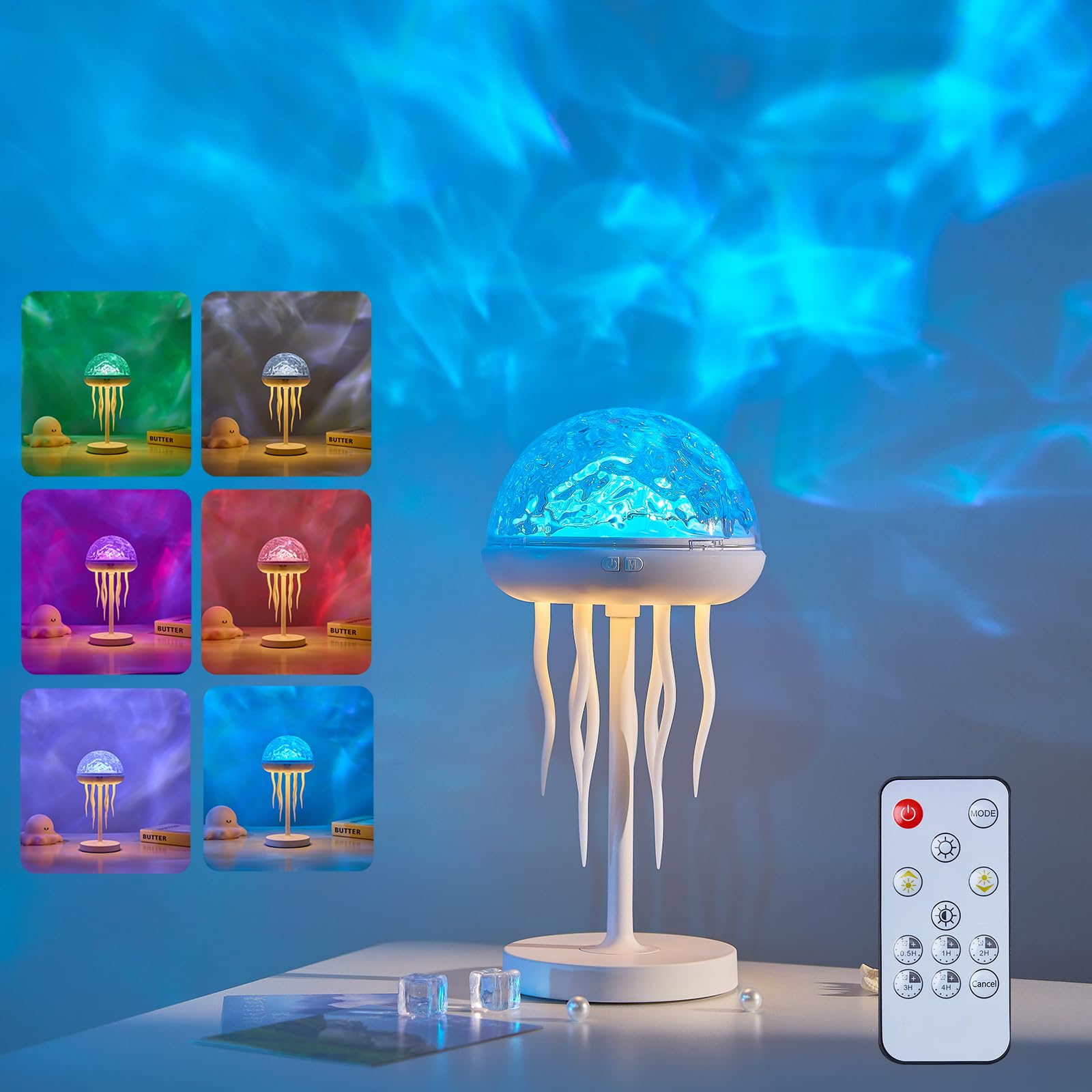 Jellyfish Projector Light with 7 Colors, 2-in-1 Jellyfish Lamp with Remote Control and Timer Function, Water Wave Aurora Night Light for Kids for Party, Games, Gaming Room Decoration Gift (White)