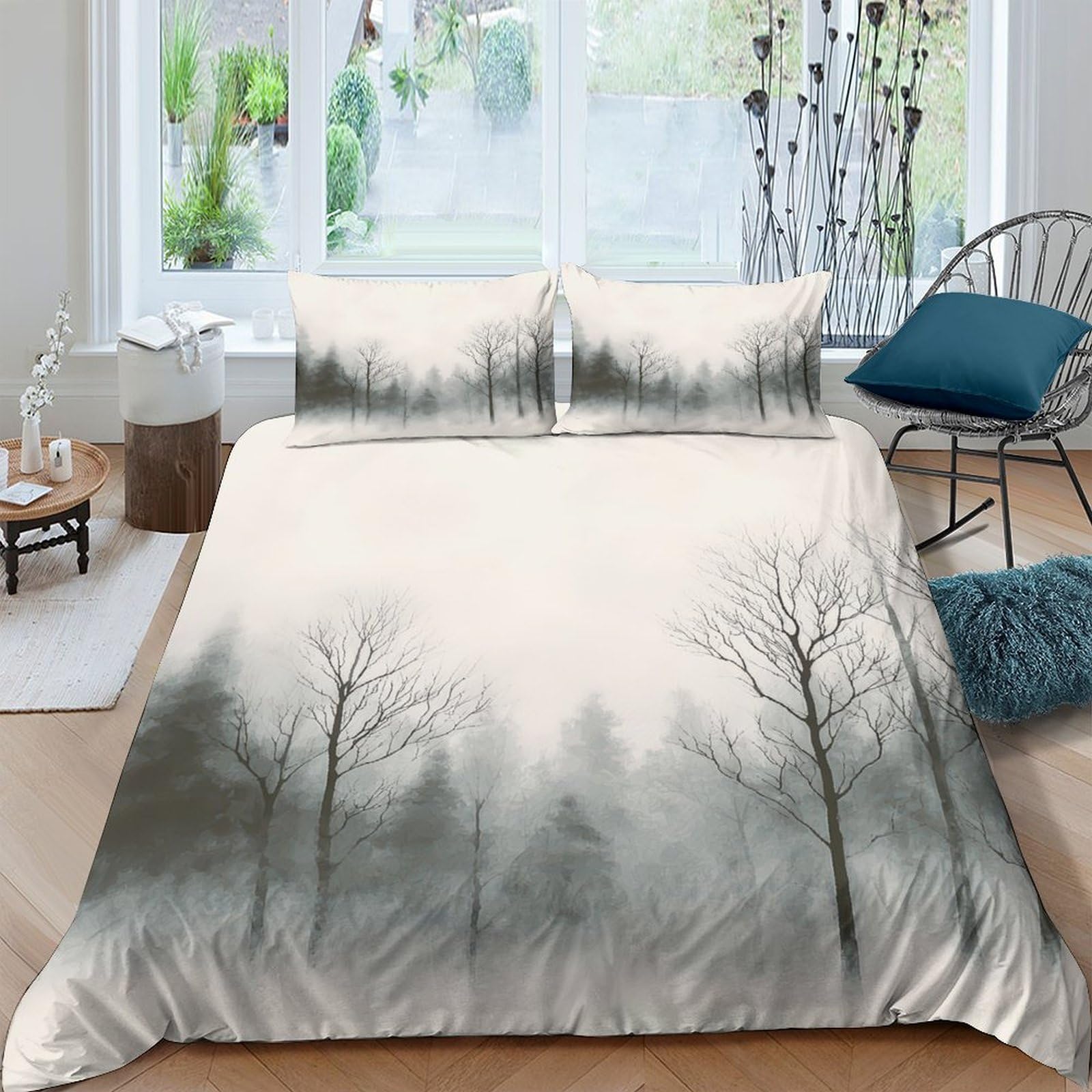 GPLZQXKJNH 3D Printed Misty Forest Duvet Cover Microfiber Soft Breathable Foggy Trees Bedding Set with 2 Pillowcases for Bedroom Decor Single（135x200cm）