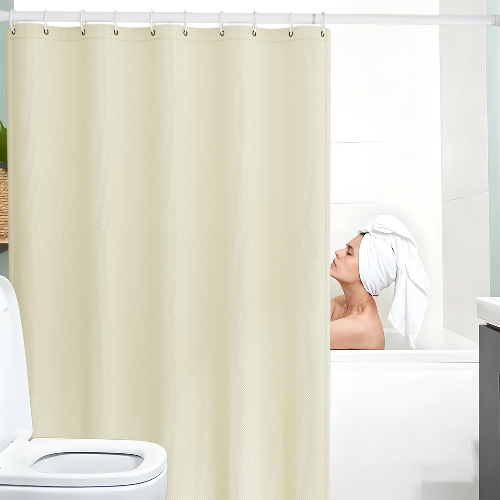 Rideau Douche 200 x 110 cm Rideau de Douche Court pour Salle de Bain Résistant à l'eau et à La Moisissure, Tissu Polyester Lavable en Machine, avec 12 Crochets, Couleur Crème