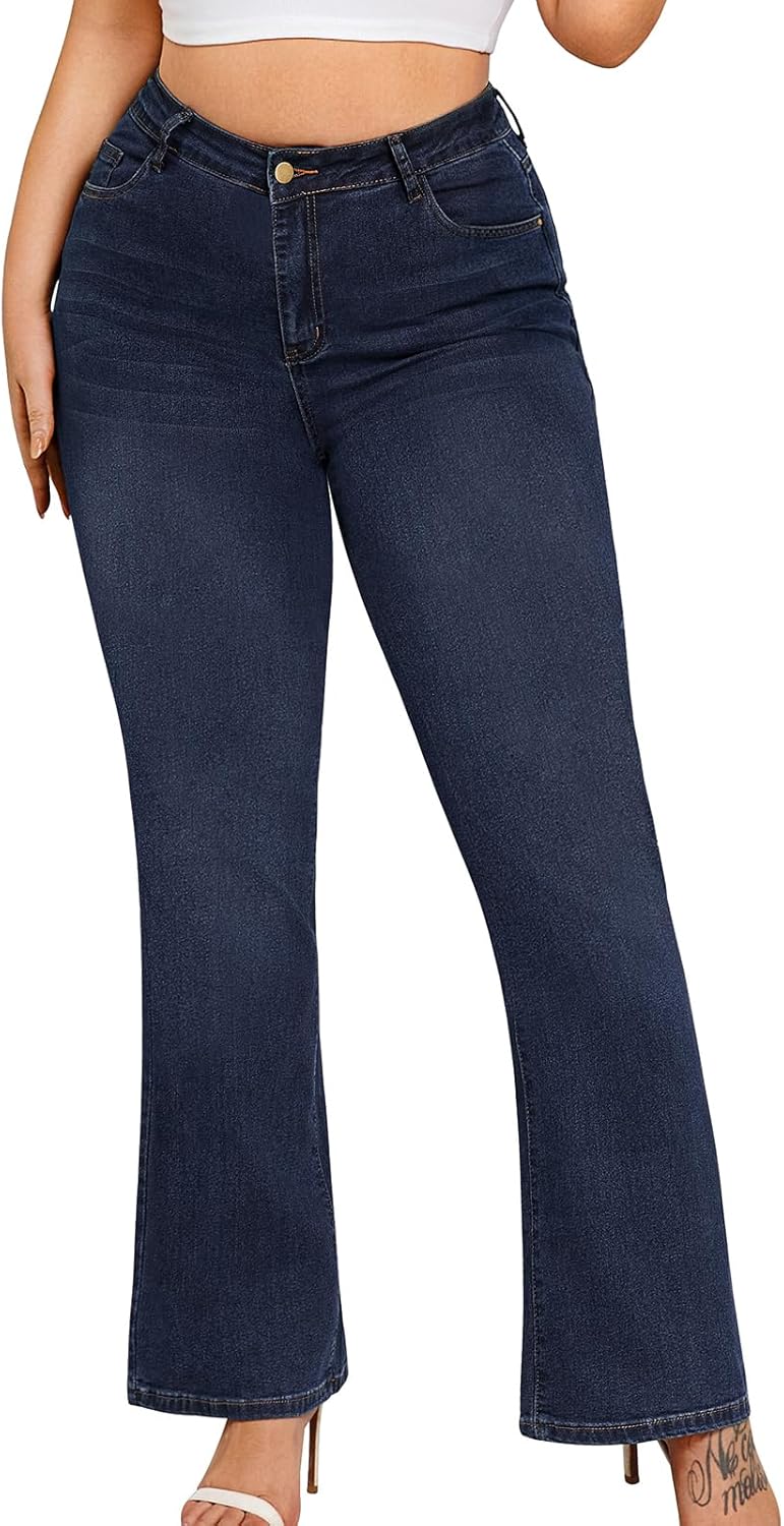 Arolina Plus Size Jeans for Women Fall Trendy High Waisted Flared Bell Bottom Bootcut Tummy Control Plus Denim Jeans
