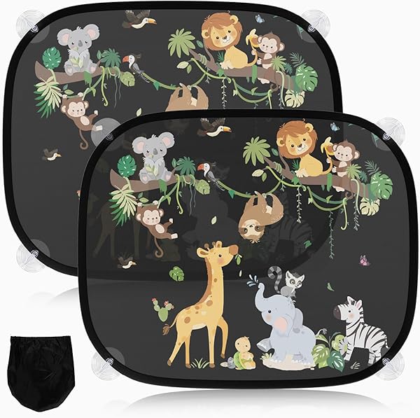 2 Stück Sonnenschutz Auto Baby mit UV Schutz, Sonnenblende Auto Kinder 45x36.5 cm mit 8 Saugnäpfen und Süßen Tier (Waldtiere) - 2