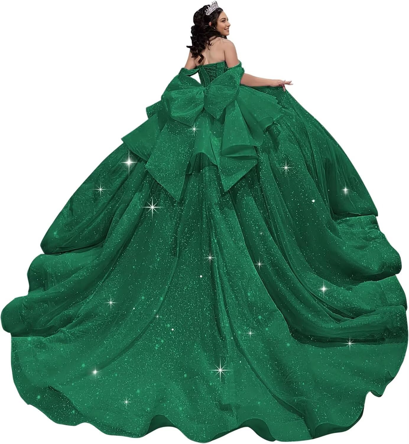 Princess Diamonds Quinceanera Dresses with Bow Off Shoulder Sweet 15 Dresses Sparkly Tulle Ball Gown