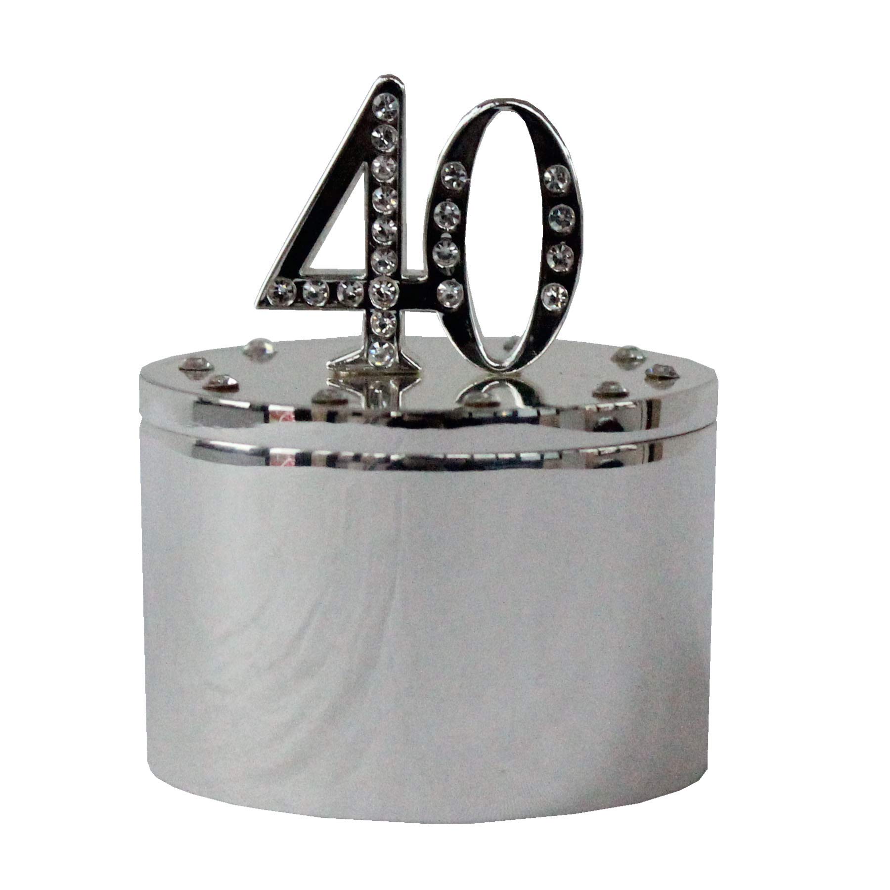 40th Birthday Trinket Box with Number Top - Milestones Design in Silver & Diamante Style